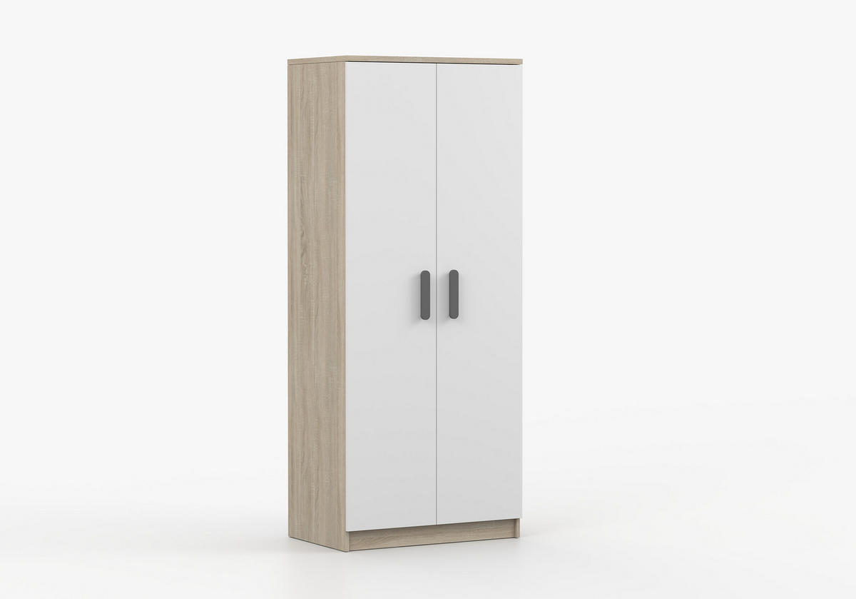 JUGENDZIMMER Elora in Eiche und Weiß – 4-teiliges Set mit Schreibtisch, Kommode, Wandregal und Schrank – Grifffarbe Grau - Braun, Holzwerkstoff (80/200/120cm)