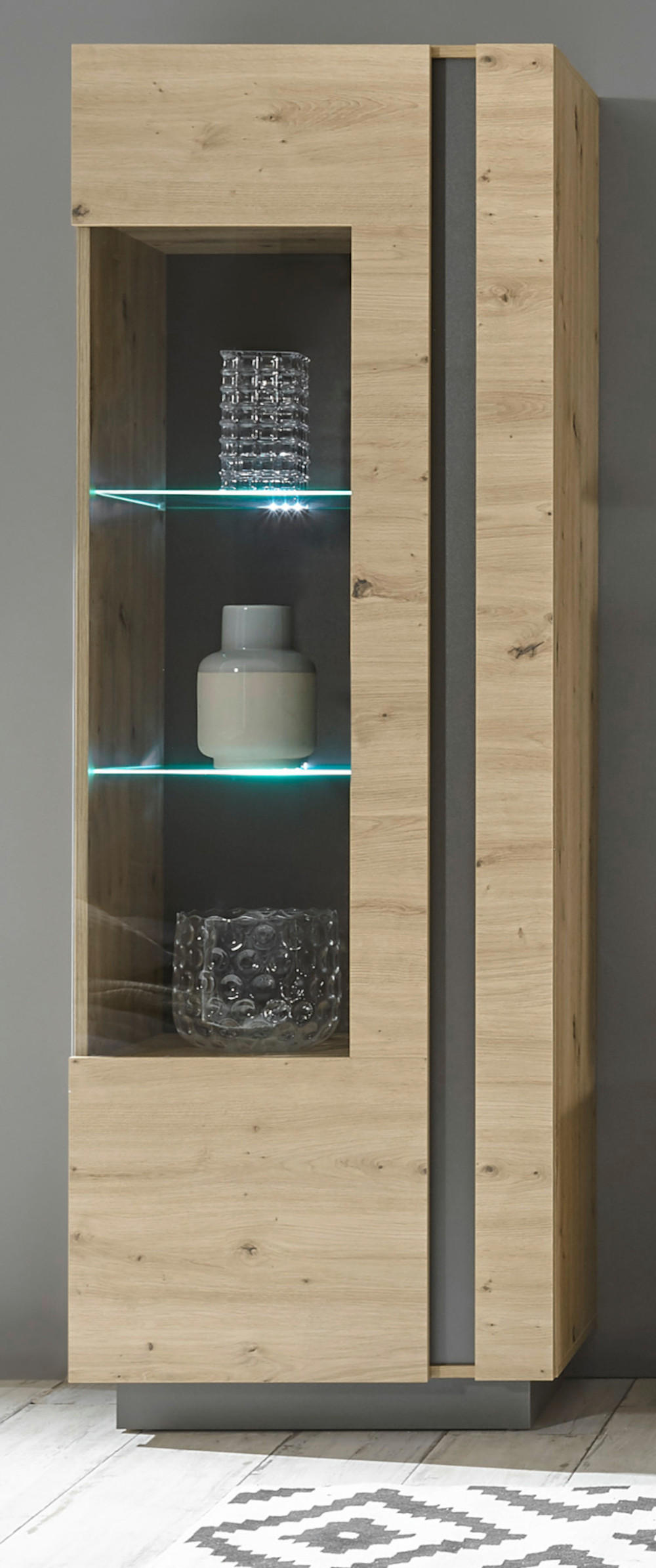 VITRINE Eiche Artisan, Graphit grau 60 cm, Vitrinenschrank mit Soft-Close - Eiche Artisan/Grau, Glas/Holz (60/194/40cm) - Furn.Design
