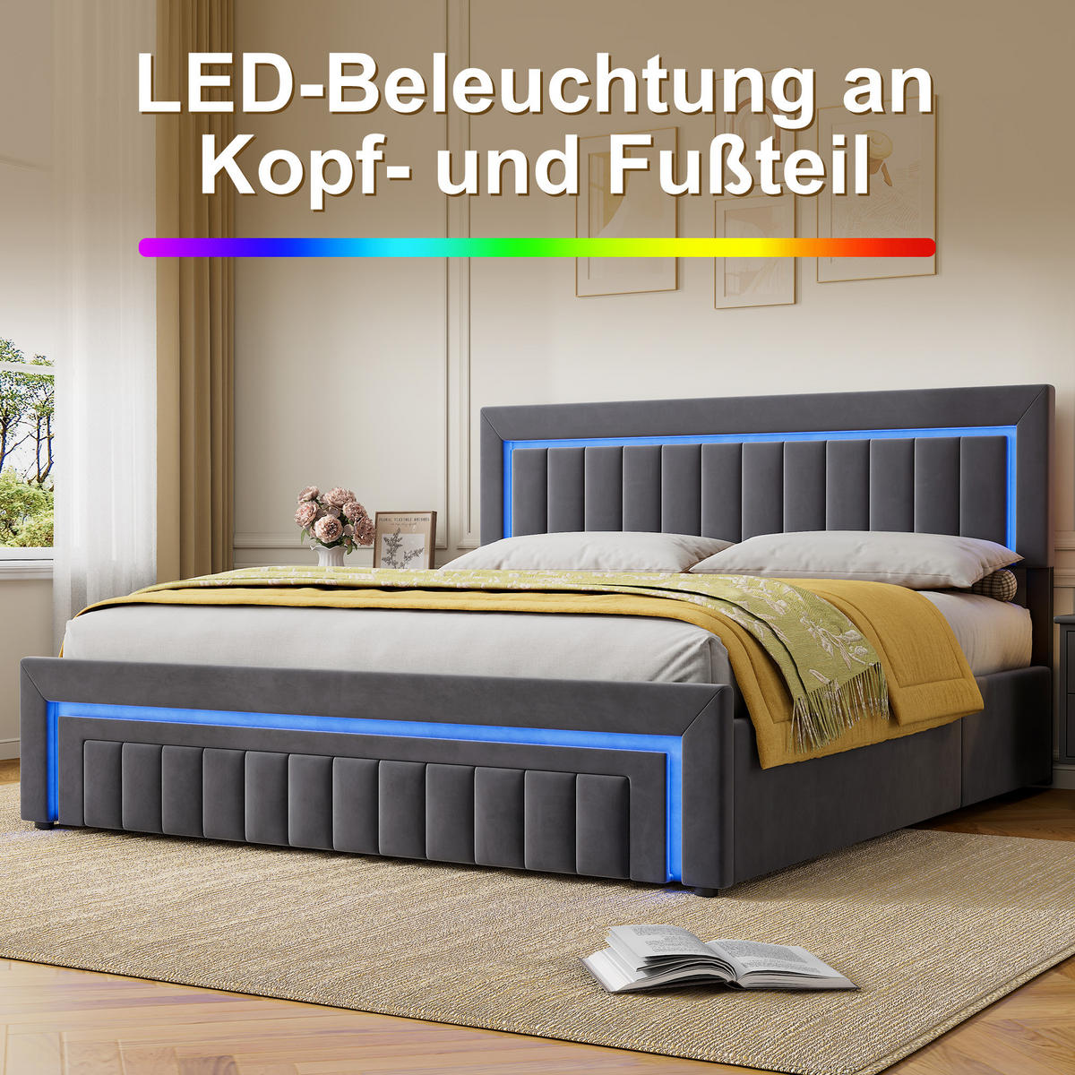 POLSTERBETT 180/200 cm in Grau, mit Bettkasten und Schubladen , mit LED, ohne Matratze - Grau, Holzwerkstoff/Textil (180/200cm) - WISHDOR