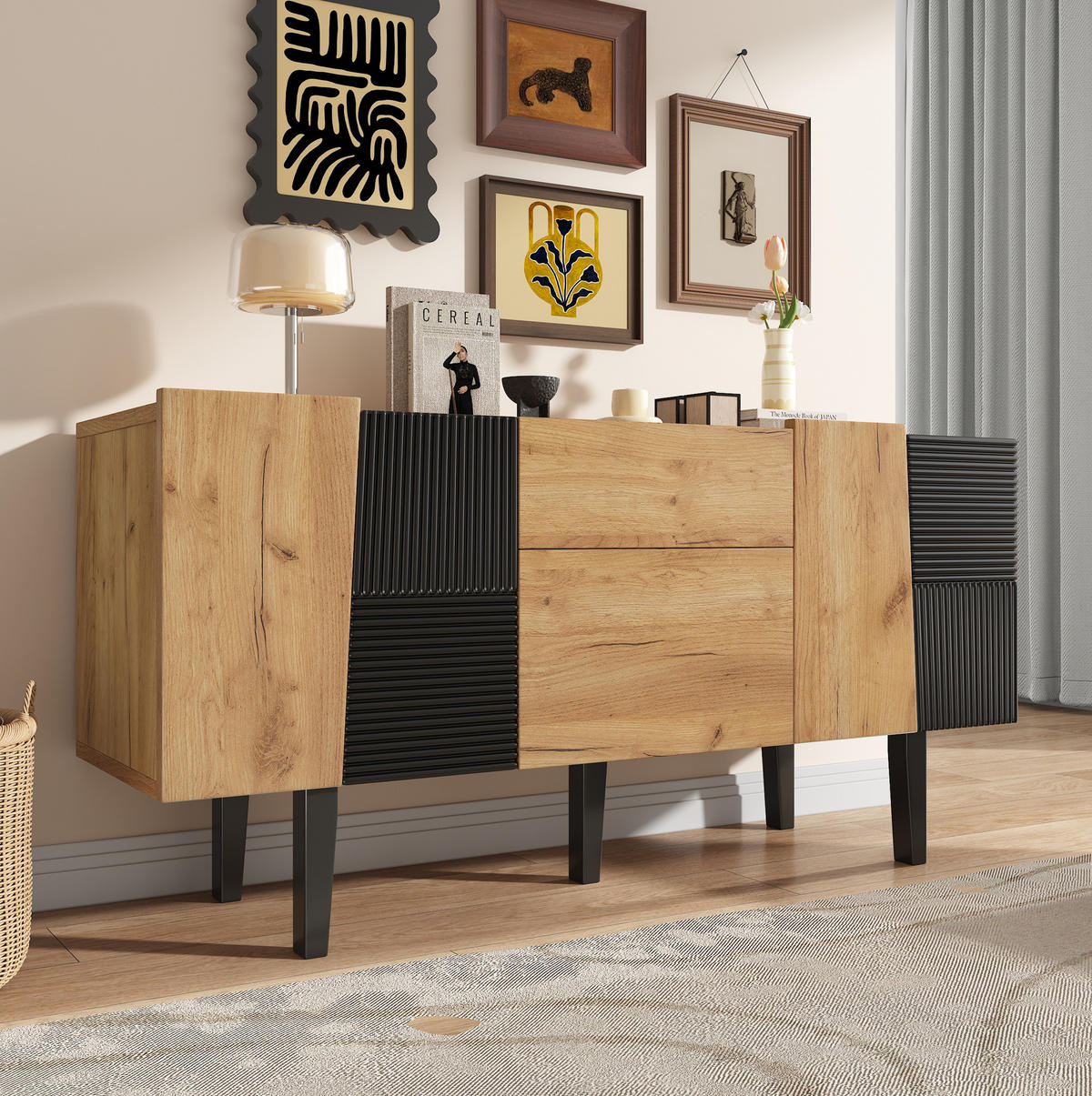 SIDEBOARD 140/40/70 cm, Eichenoptik mit 2 Schubladen und 4 Türen, Massivholzbeine, höhenverstellbare Einlegeböden, Eiche - Eichefarben, Holzwerkstoff (40/70/140cm) - Redom