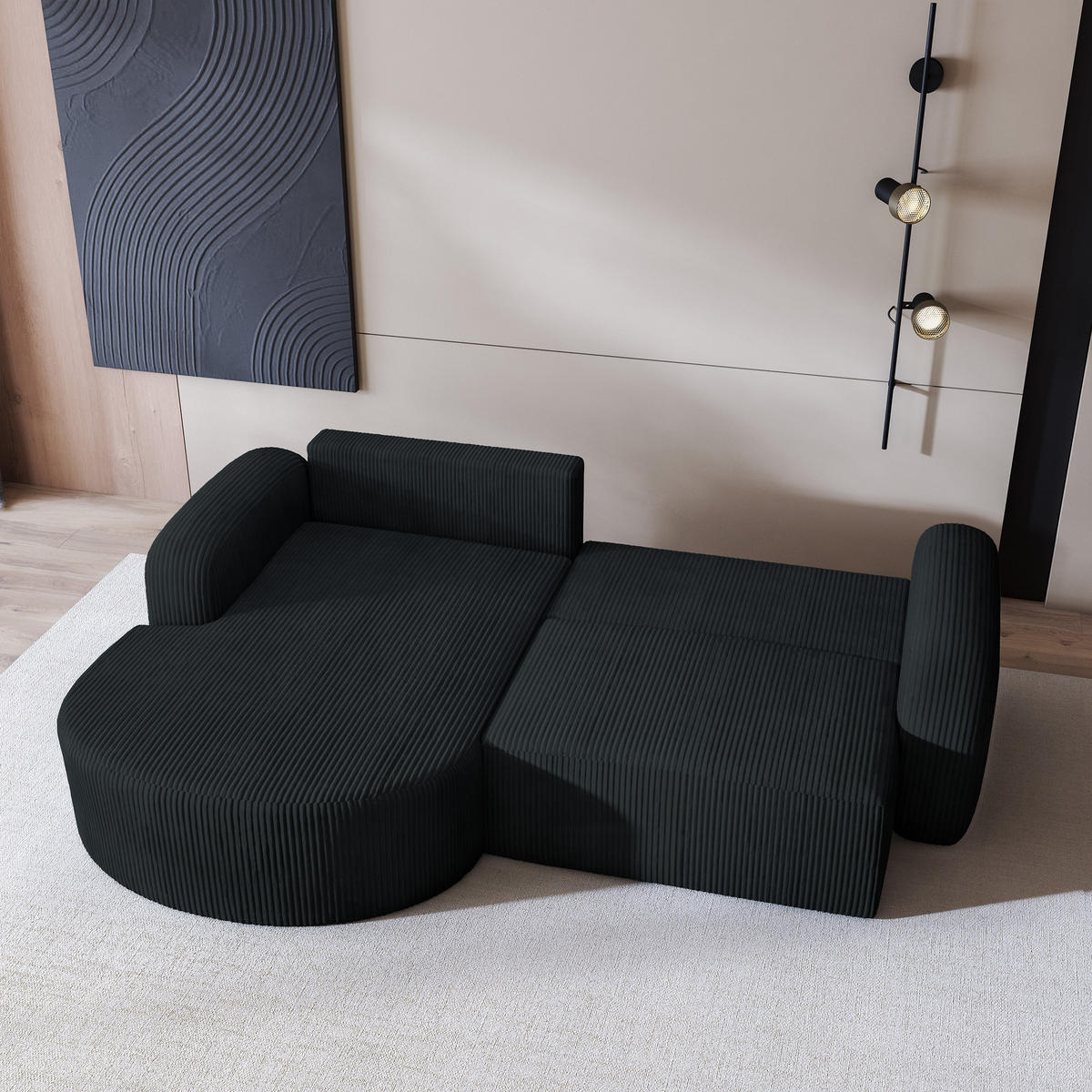 ECKSOFA AMILIA P L-S Schwarz Kordstoff mit Schlaffunktion - Schwarz, Holz (263/174cm) - MASSENO