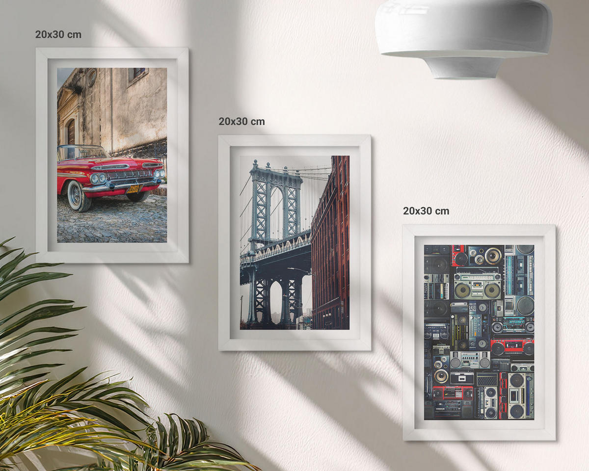 BILDER SET 3er Set - 20x30 cm Weißer Rahmen - Alte Autobrücke Brooklyn Retro-Audio - Weiß, Kunststoff (20/30cm) - TULUP