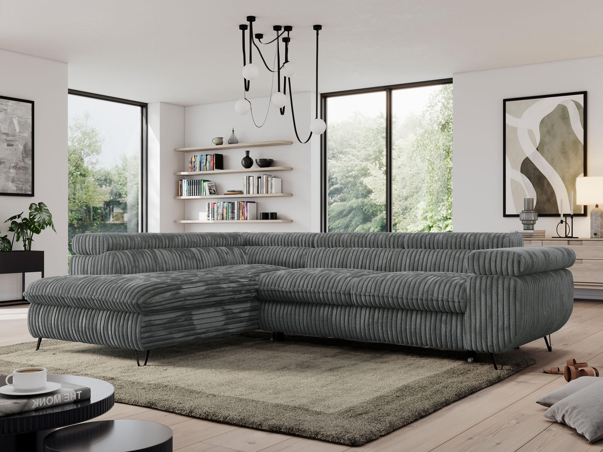 ECKSOFA PEDRO L Dunkelgrau Cord - Links Seite - Dunkelgrau/Schwarz, Textil/Metall (208/273cm) - MKS