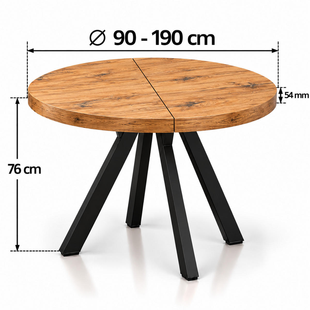 ESSTISCH rund ausziehbar 90/190/76 cm, Eiche Craft, 54 cm Tischplatte + Y Metallgestell Schwarz - Eichefarben/Schwarz, Holzwerkstoff/Metall (90/190/76cm) - Damale Möbel