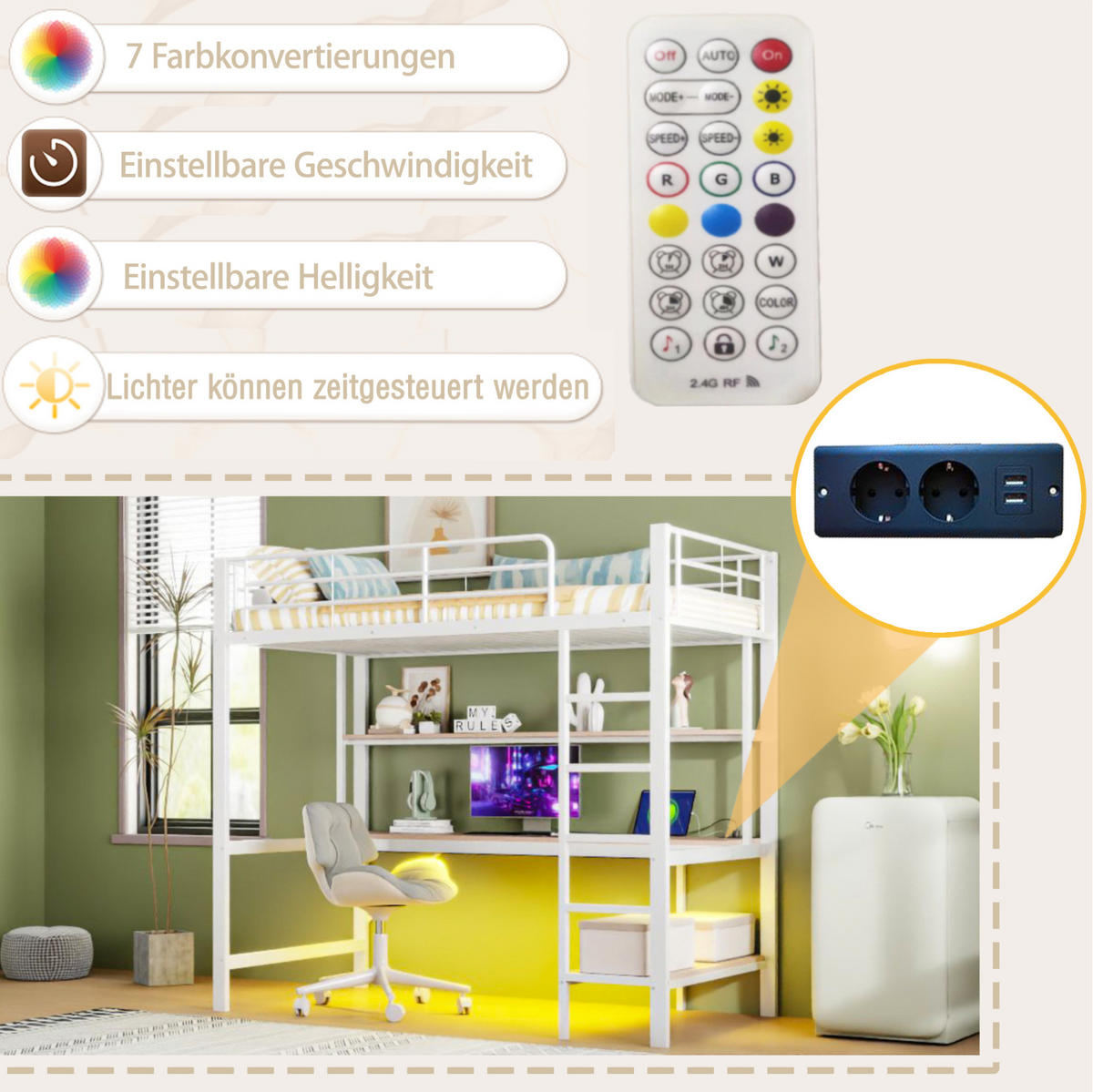 HOCHBETT aus Metall und MDF 90x200 cm Weiß mit LED-Beleuchtung, USB, Steckdose, Schreibtisch und Regal - Weiß, Metall (90/200cm) - Modfu