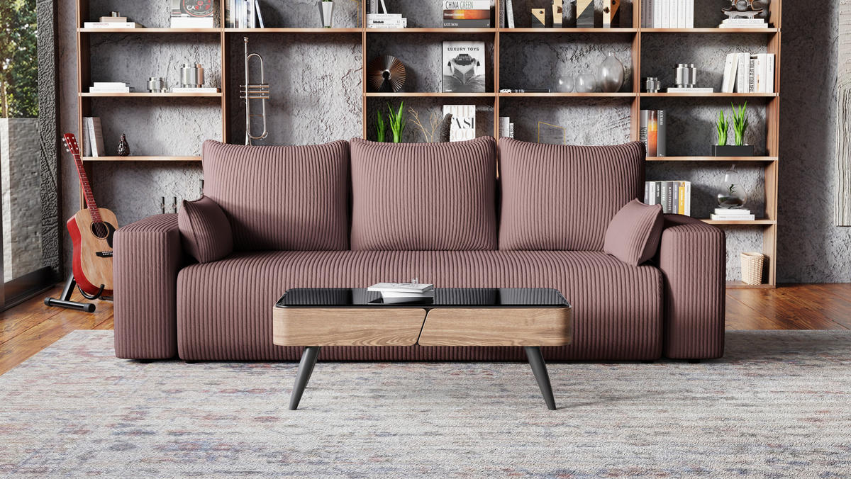 SOFA Bubi mit Bettkasten und Schlaffunktion, Cordstoff - Lila, Holzwerkstoff (242/85/95cm)