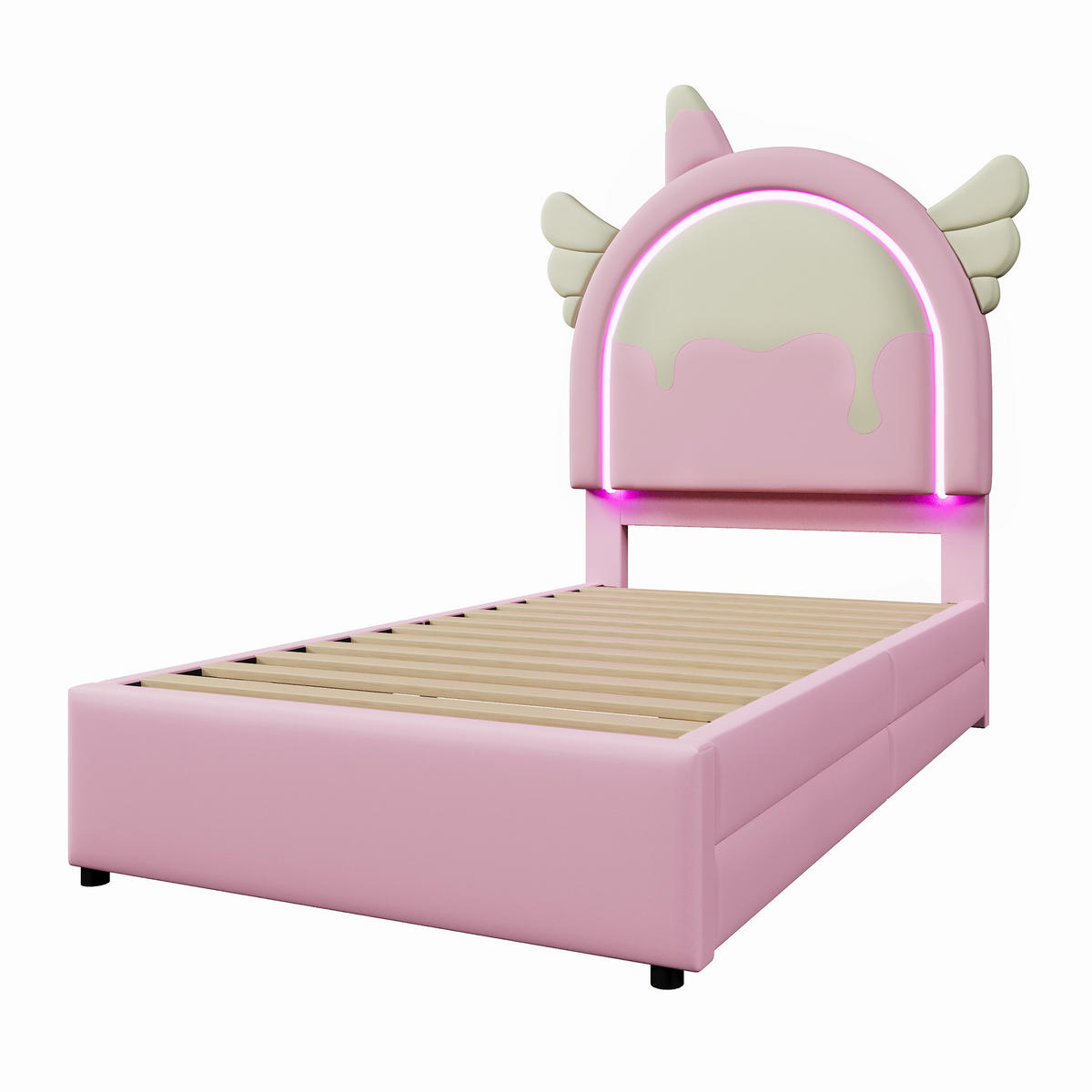 KINDEREINZELBETTEN aus Kunststoff 90x200 cm in Pink mit LED-Leiste & 2 Schubladen - Rosa, Kunststoff (90/200cm) - Modfu