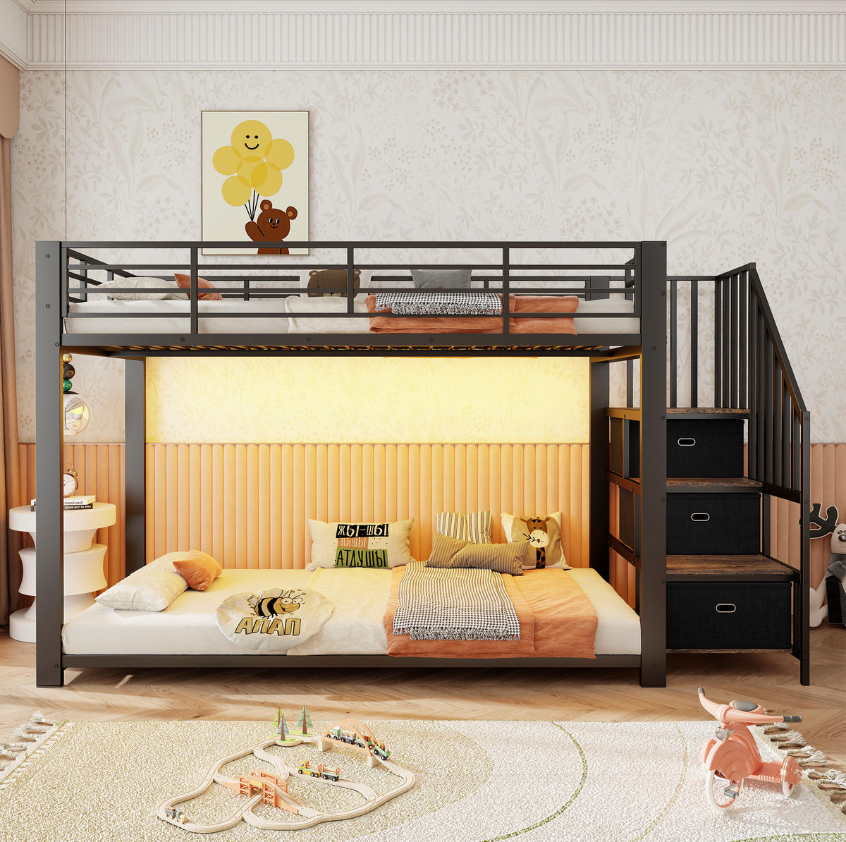 ETAGENBETT aus MDF und Metall 90x200 cm Schwarz mit Stauraumtreppe, LED-Lichtband und USB-Anschlüssen - Schwarz, Holzwerkstoff (90/200cm) - Modfu