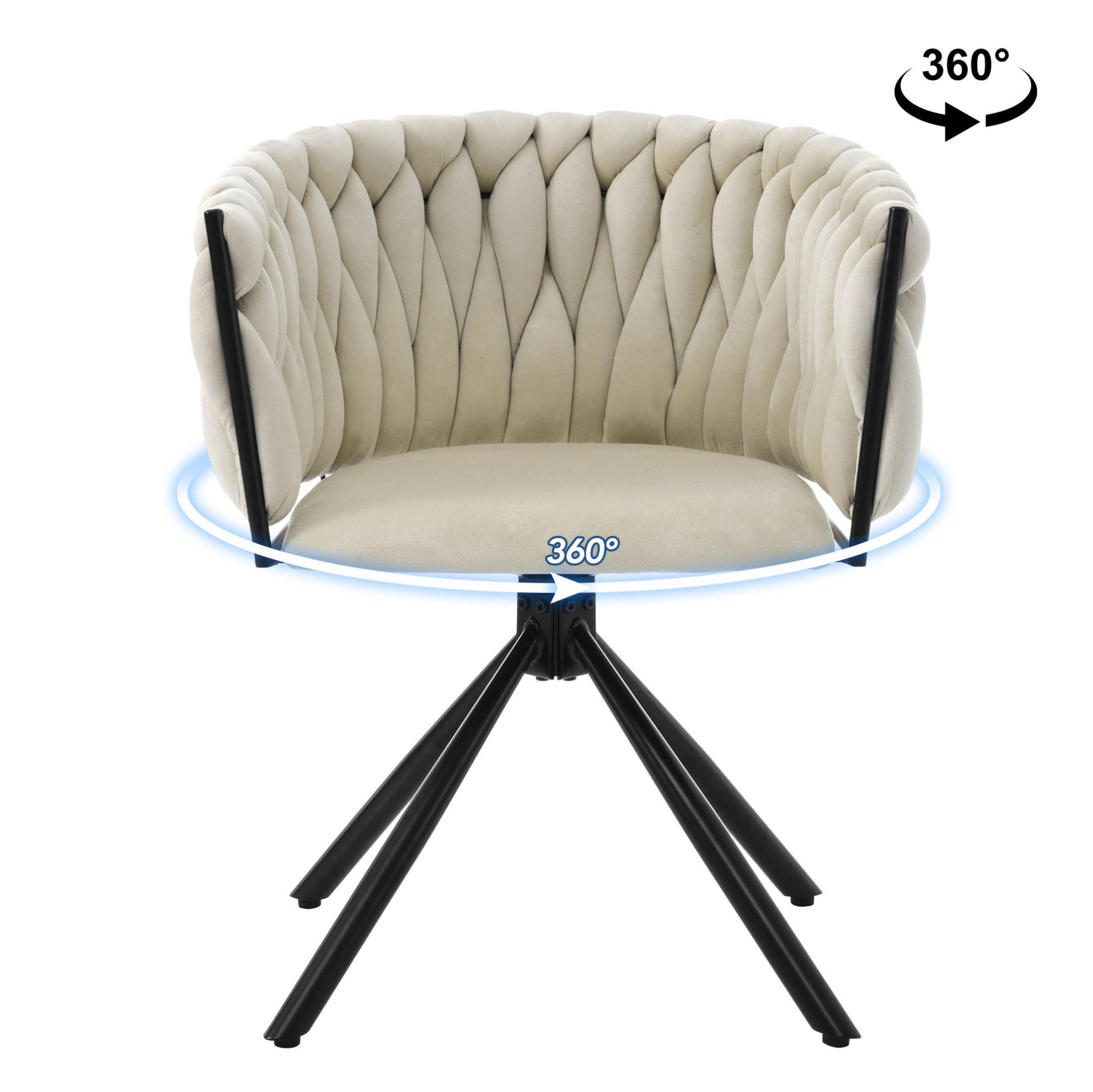 OKWISH JÍDELNÍ židle 360° otočná béžová ze sametu s kovovou podnoží a ergonomickým opěradlem