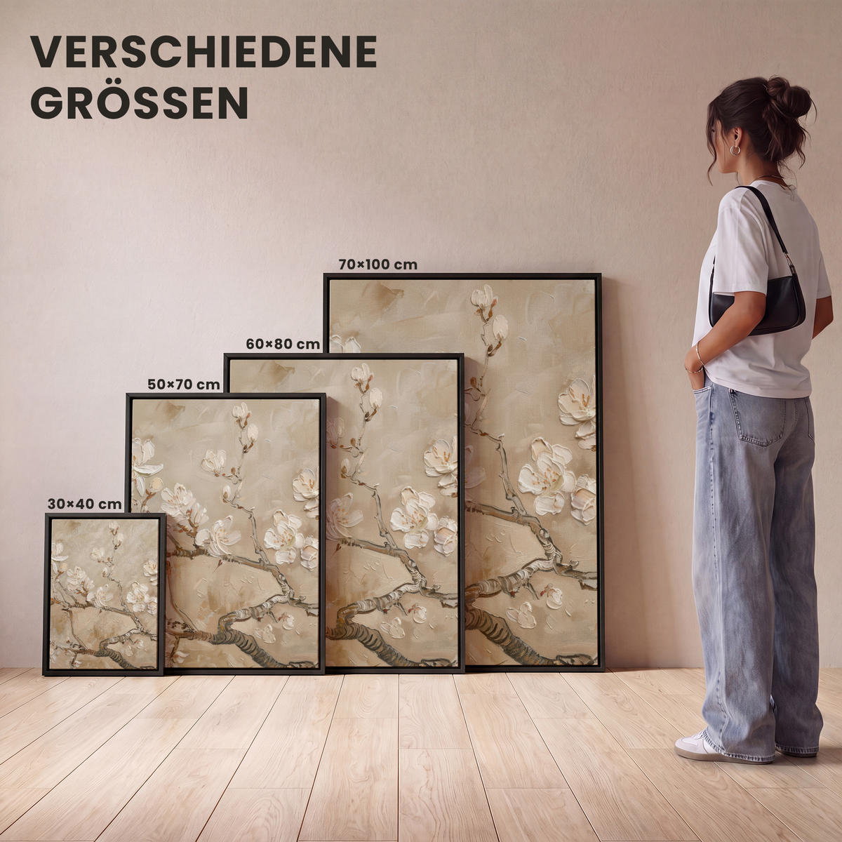 LEINWAND Bilder mit Rahmen - Blumen - Modern - Beige - Weiß - Blüte - 30x40 - Beige, Textil (30/40cm) - MuchoWow