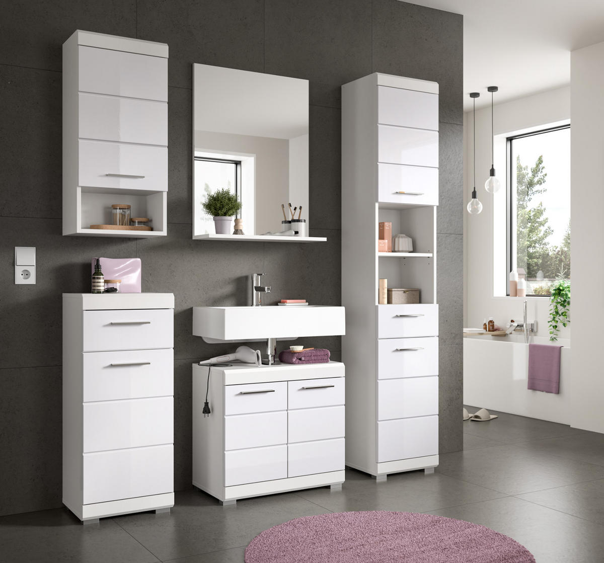 BADMÖBEL-SET weiß Hochglanz 5-teilig 164 cm, Komplettset mit viel Stauraum - Weiß Hochglanz, Glas/Holzwerkstoff (164/191/34cm) - Inn.Furn