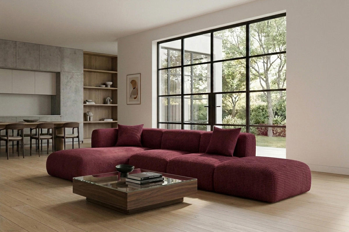 ECKSOFA L-Form mit Hocker, Chenille-Stoff Cremona, Rotwein, Links, GRETA - Weinrot, Holz (386/179cm) - Kaiser Möbel
