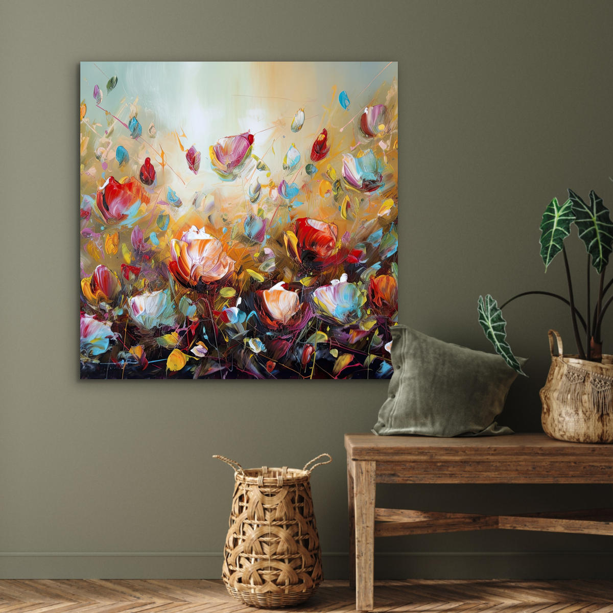 KOVOVÝ OBRAZ Kvety - Umenie - Príroda - Olejomaľba 90x90 cm - viacfarebná, kov (90/90cm) - MuchoWow