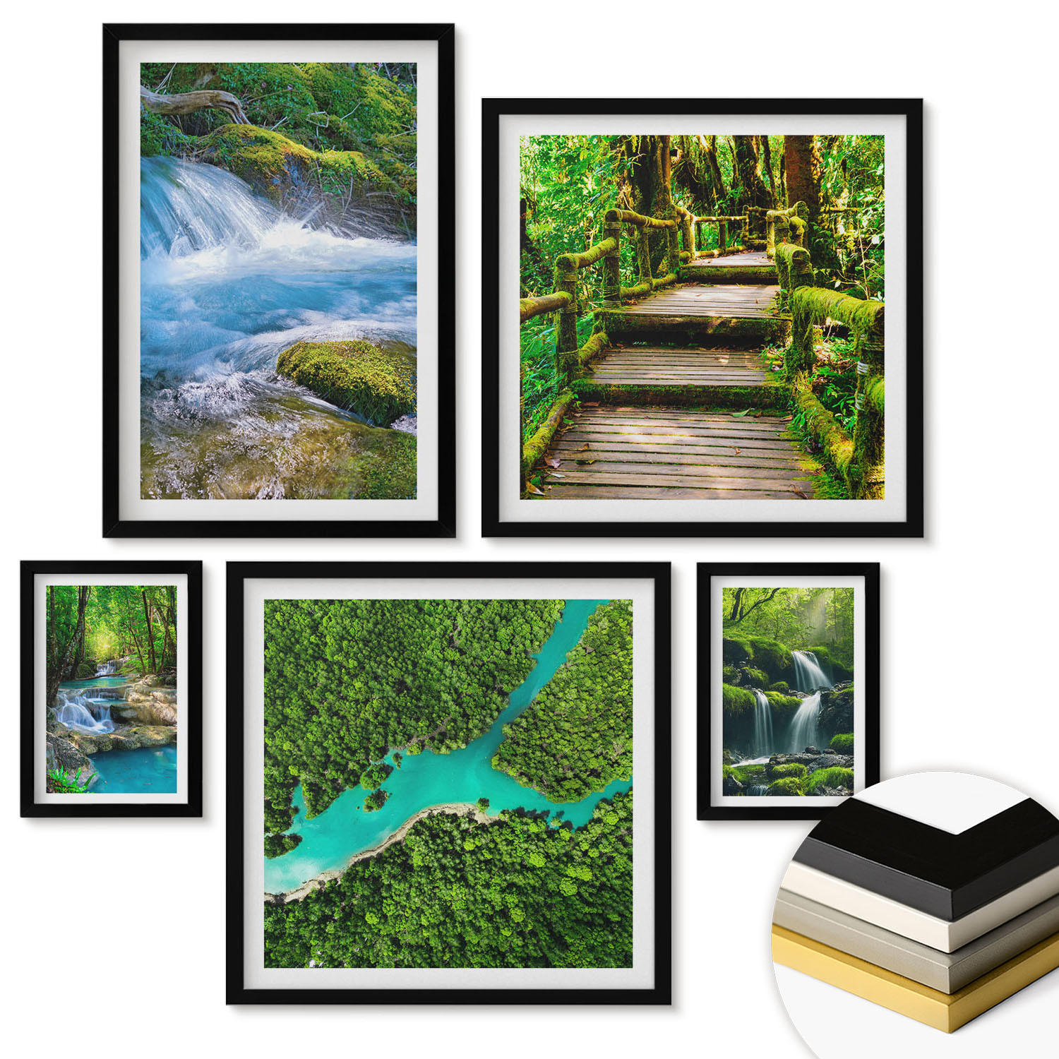 WANDBILDER 5er-Set - 50x50 cm & 20x30 cm & 40x60 cm Schwarzer Rahmen - Grüne Berge, Flussfelsen - Schwarz, Kunststoff (40/60cm) - ArtPrintCave