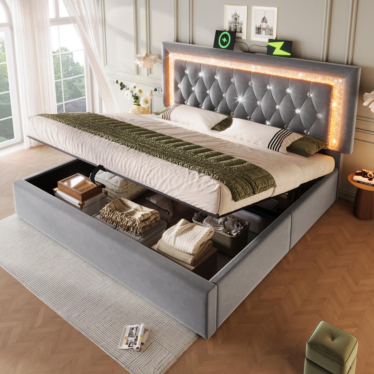 POLSTERBETT mit Bettkasten 160x200 cm Samt Grau mit LED und USB - Grau, Metall (160/200cm) - Meubliv