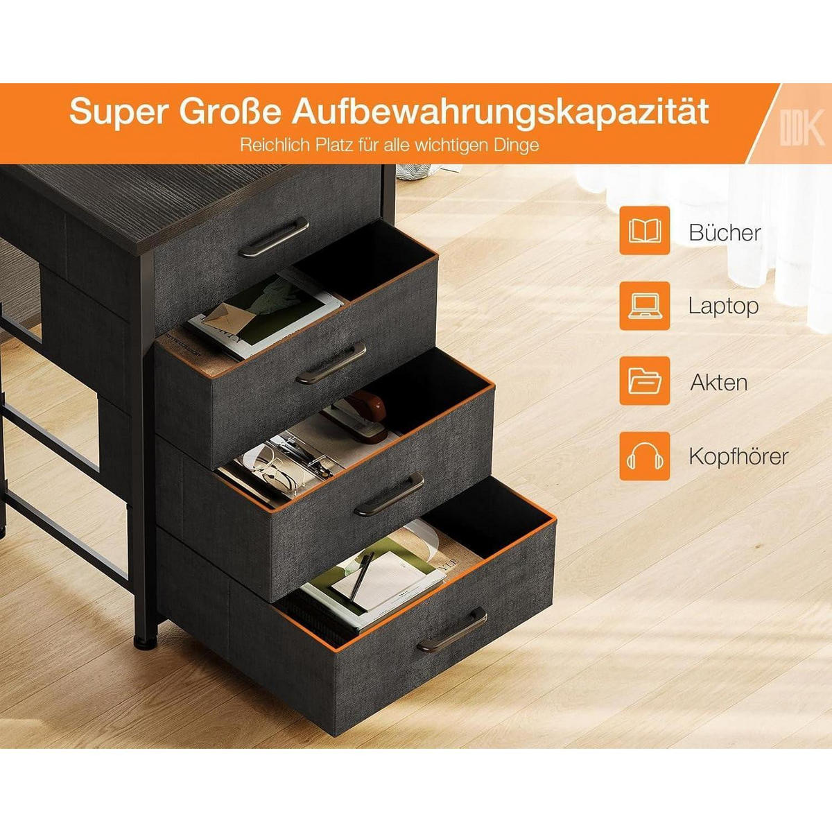 SCHREIBTISCH L Form mit Schubladen 140 x 80 cm Schwarz - Schwarz, Holzwerkstoff (140/80/87cm)