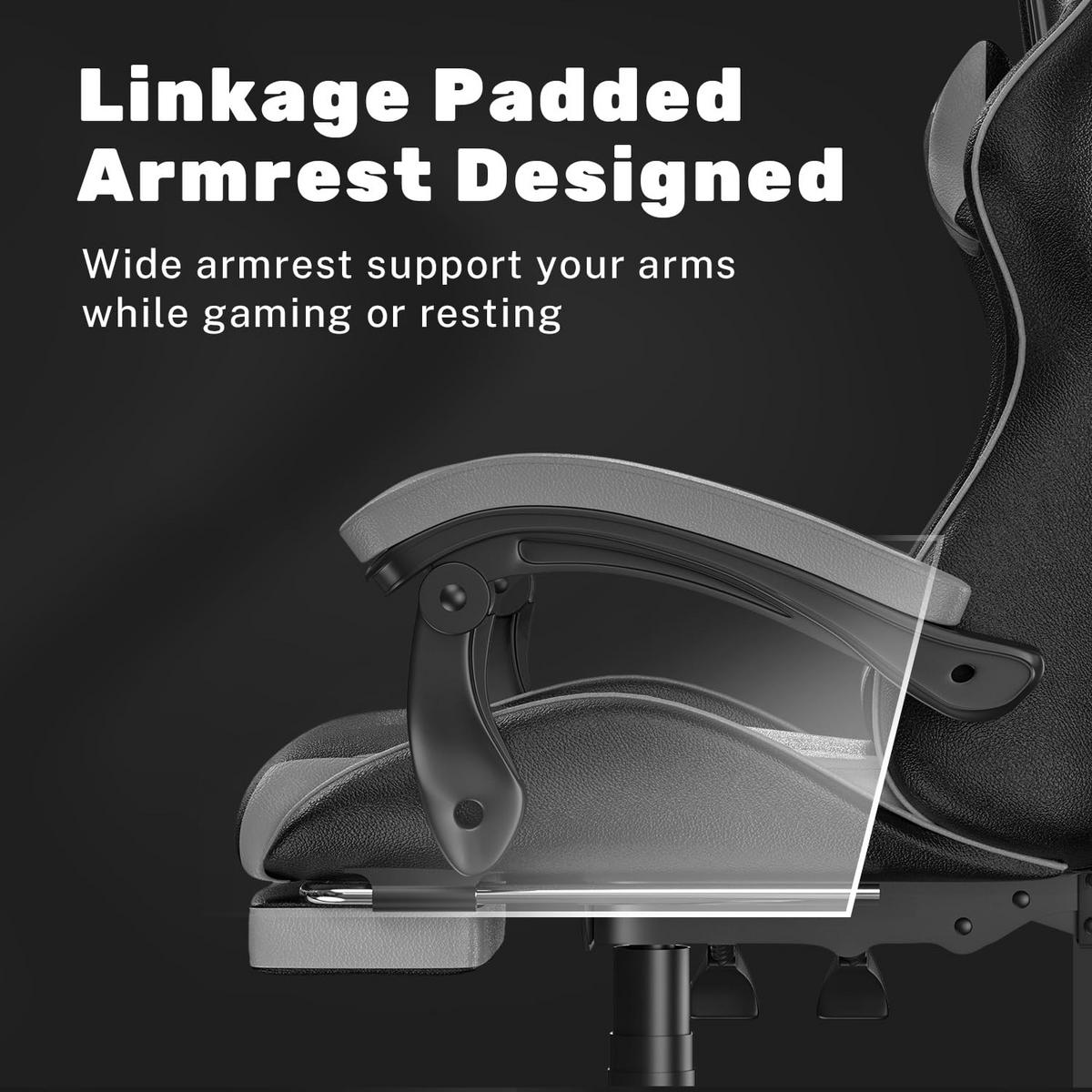 GAMING-STUHL höhenverstellbar, Fußstütze, Lendenkissen – Schwarz/Grau - Grau, Leder (50/134/50cm) - Rattantree