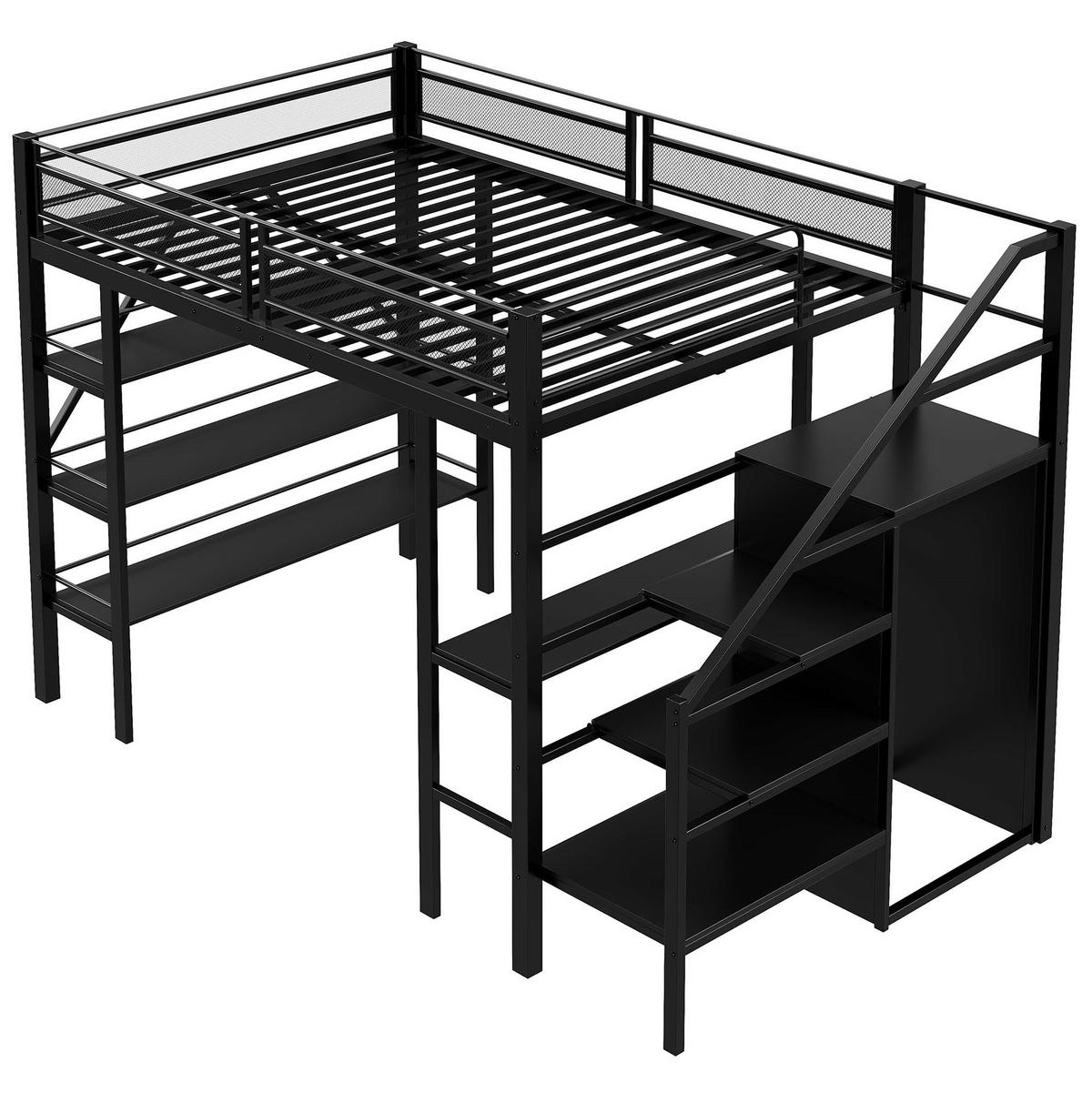HOCHBETT 140/200 cm mit Schreibtisch, Regal, Kleiderschrank und Sicherheitstreppe, Metall, Schwarz - Schwarz, Metall (140/200cm) - Redom