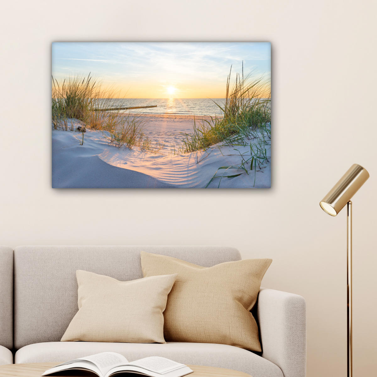 LEINWANDBILD Strand - Sonne - Düne - Gras - Sand - Horizont Gemälde 60x40 cm - Hellblau, Textil (60/40cm) - MuchoWow