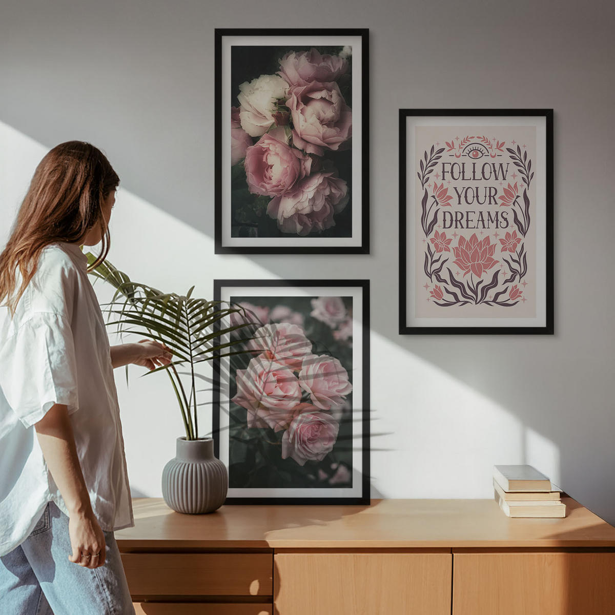 WANDBILDER 3er-Set - 40x60 cm Schwarzer Rahmen - Vintage-Rosenträume-Inschrift - Schwarz, Kunststoff (40/60cm) - ArtPrintCave