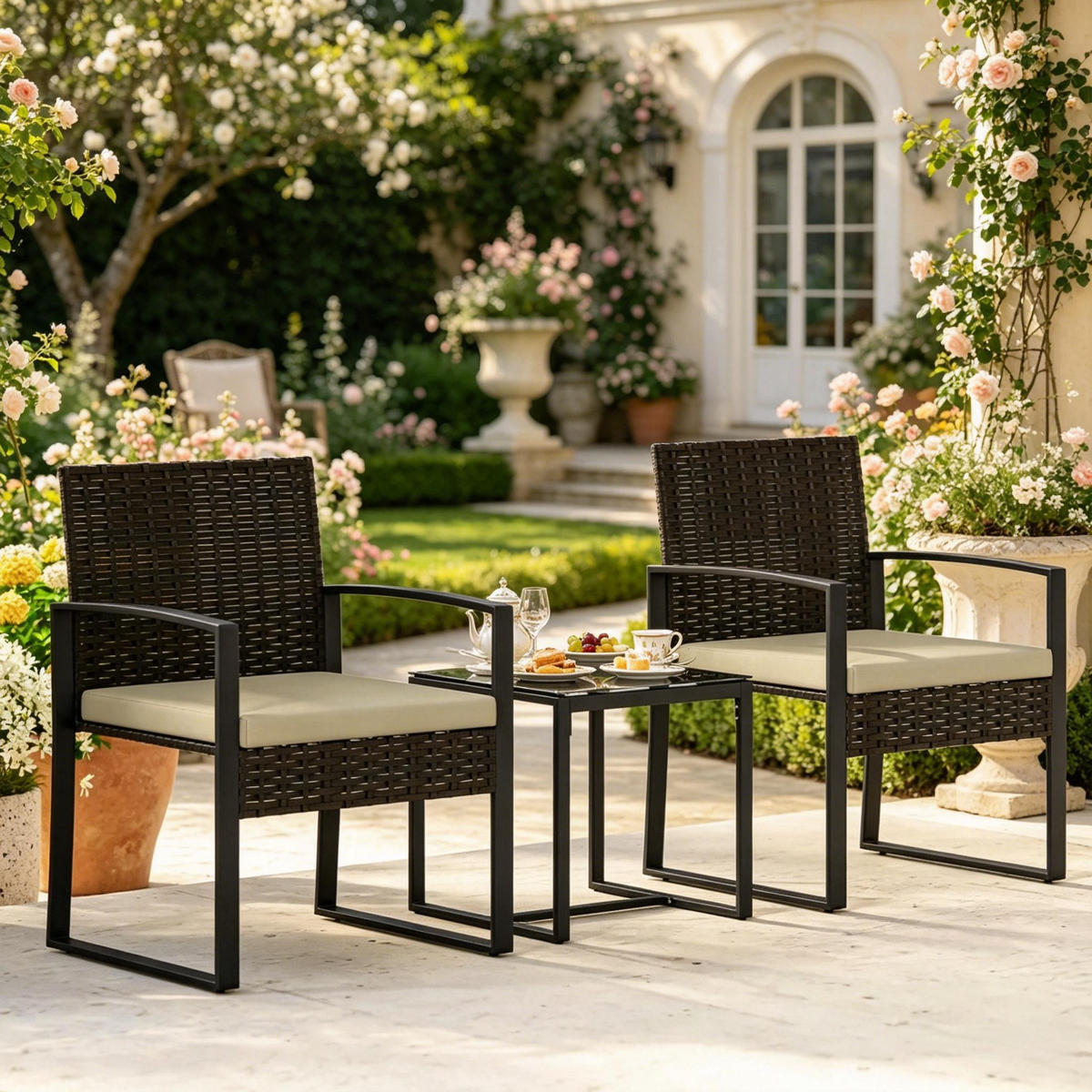 GARTENMÖBEL, 3-teilig, schwarz-braun - Schwarz, Kunststoff - Vallsero
