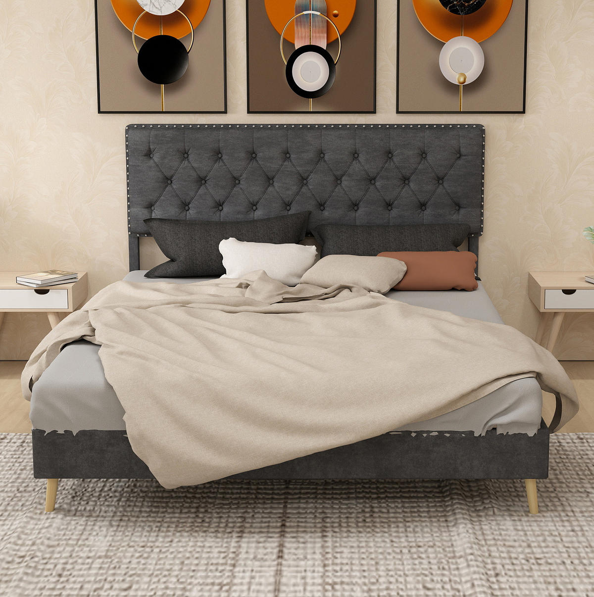 POLSTERBETT 160/200 cm grau aus Stoff und Metall mit hohem Kopfteil - Grau, Textil (160/200cm) - OKWISH