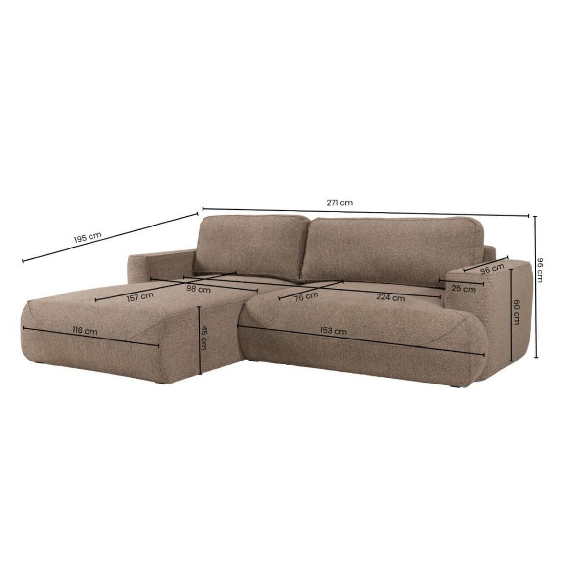 ECKSOFA LUNA mit Bettkasten und Schlaffunktion, Ecru - Ecru, Textil (195/271cm) - KS Home Concept