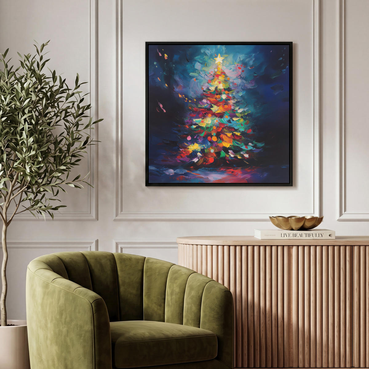 LEINWAND Bilder mit Rahmen - Weihnachtsbaum - Weihnachten - Abstrakt - Farbenfroh - 50x50 - Multicolor, Textil (50/50cm) - MuchoWow
