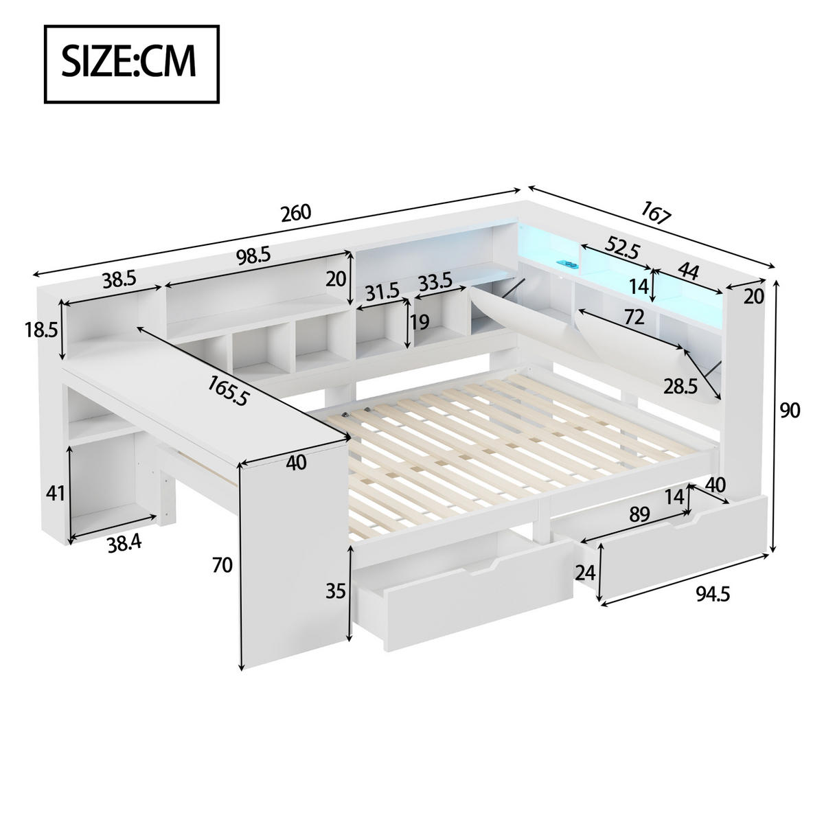 KREVET 140/200 cm s L-oblikom, radnim stolom, policom i LED osvjetljenjem, Bijela - bijela, drvni materijal (140/200cm) - Redom