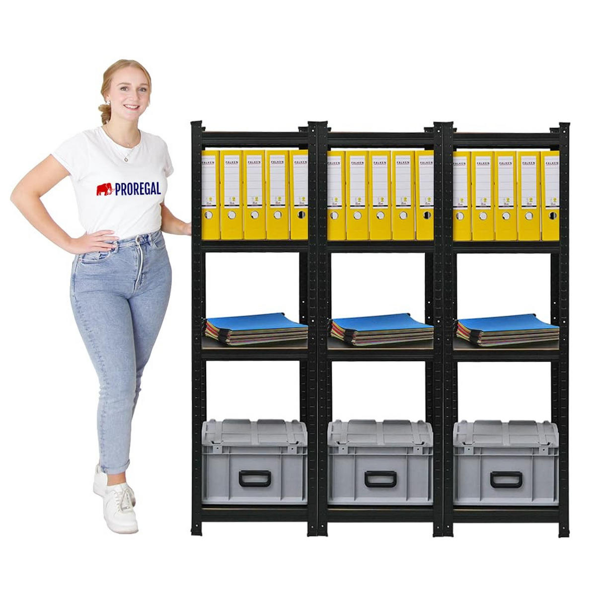 WOHNREGAL Ragnar 3er-Set mit 3x 150x45x45 cm Fachlast 100 kg Matt Schwarz - Schwarz, Metall (135/150/45cm) - PROREGAL