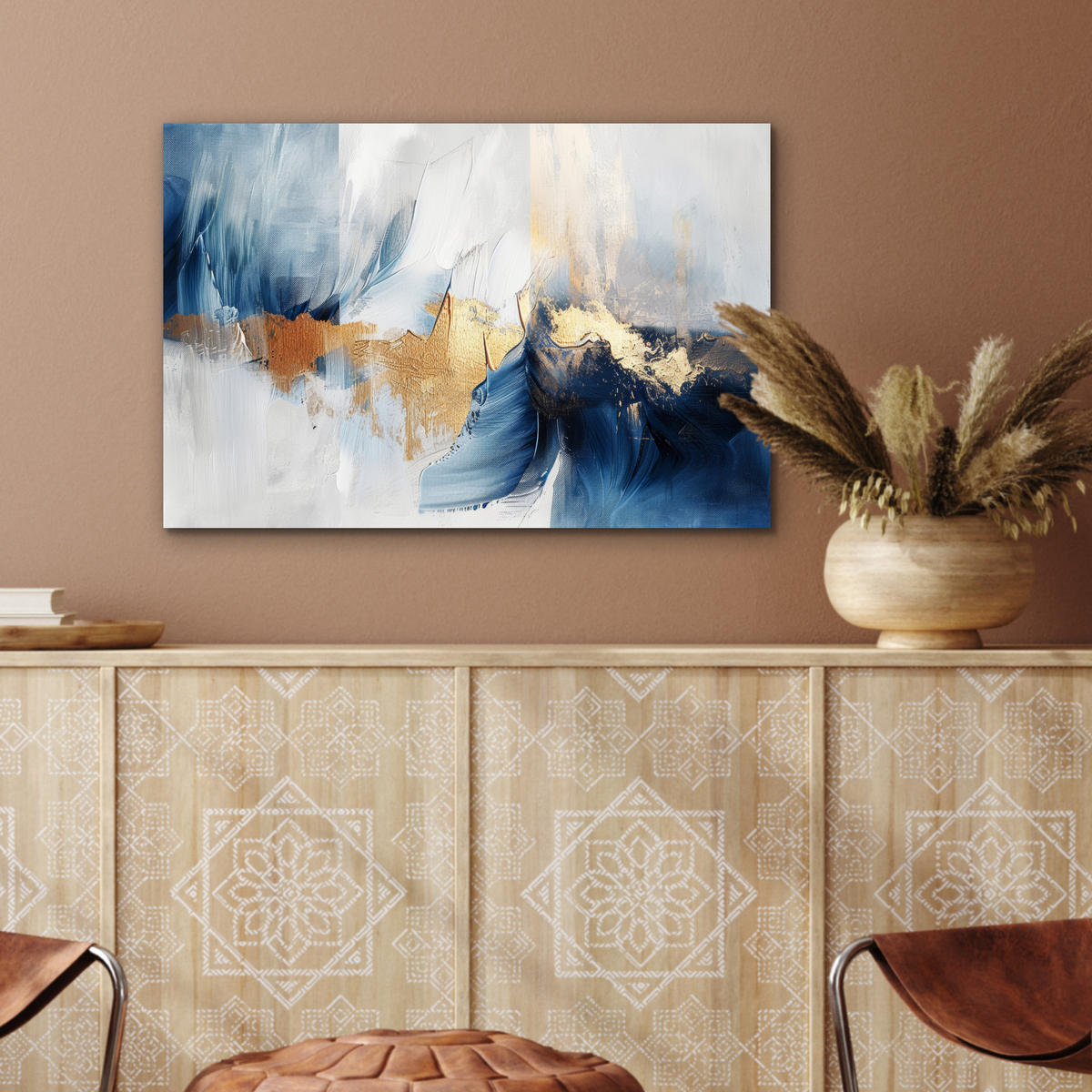METALLBILD Gold - Blau - Aquarell - Kunst - Modern 60x40 cm - Hellblau, Metall (60/40cm) - MuchoWow