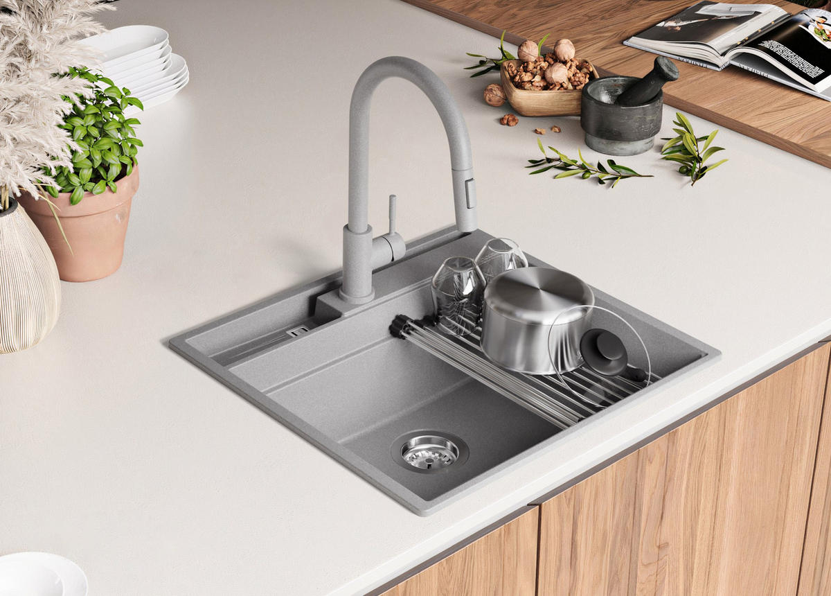 GRANITSPÜLE Oslo Pocket, 2-er set Grau 58/53 cm 1 Becken + Küchenarmatur 38/14 cm + Ablauf-Set + Küchenzubehörset ab 60er Unterschrank - Chromfarben/Beige, Kunststoff (58/20/53cm) - Primagran