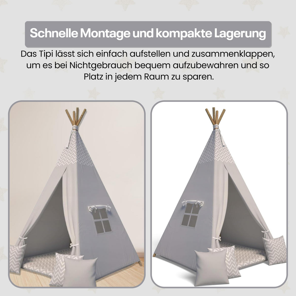 TIPI-ZELT 105 x 105 x 140 cm Zickzack grau mit weichen Kissen | Spielzelt für Kinderzimmer Indoor - Grau, Textil (105/105cm) - Best for Kids