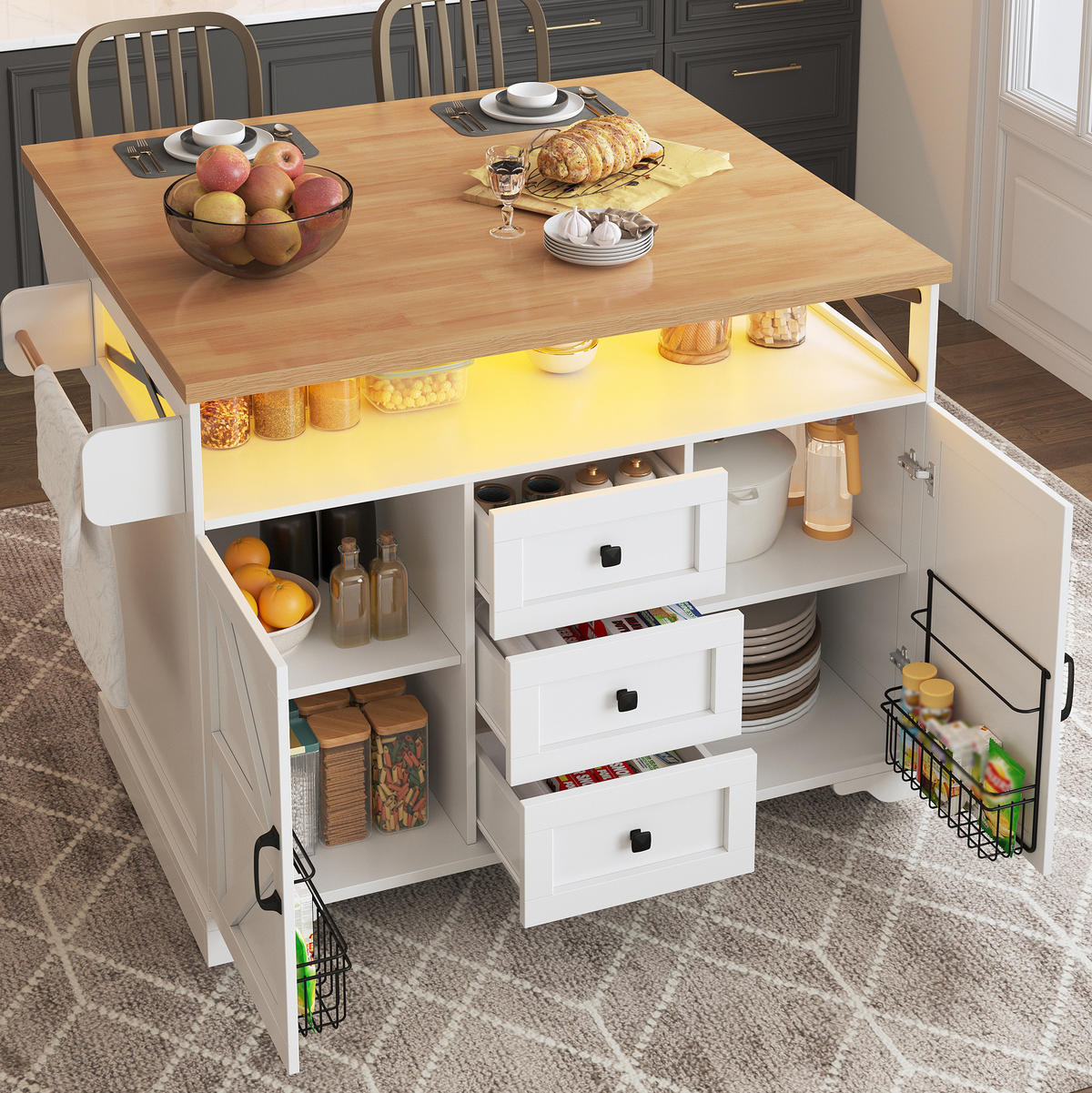 KÜCHENINSEL 120/43/98 cm weiß aus MDF mit klappbarer Platte - Weiß, Holzwerkstoff (120/98/43cm) - OKWISH