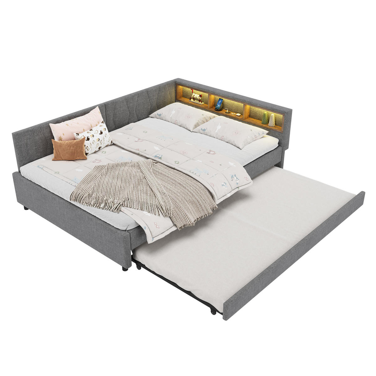 TAGEBETT 140x200cm Grau Leinen USB-C LED-Licht Ausziehbett - Grau, Holz (140/200cm) - FLIEKS