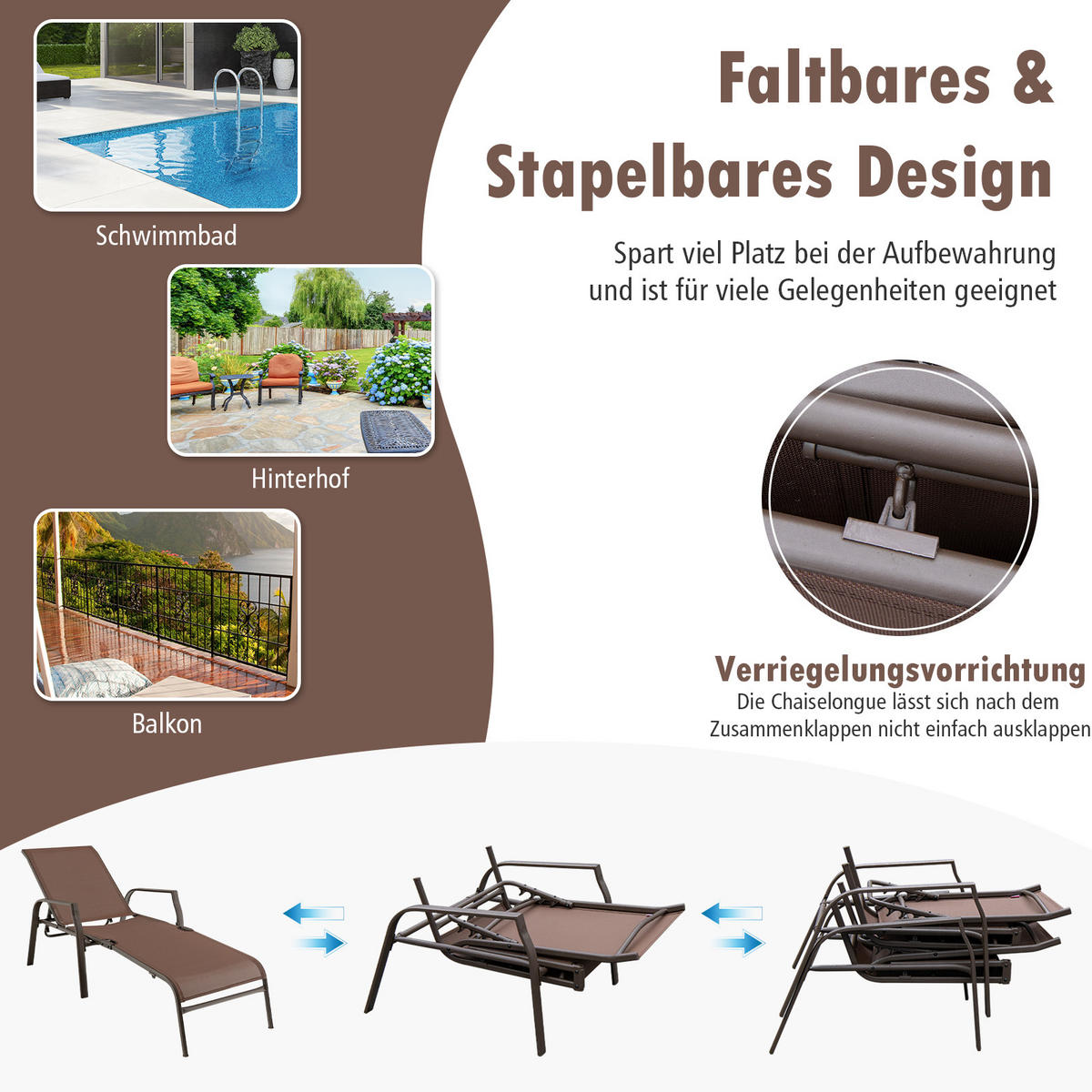 SONNENLIEGE Klappbare Braun(2er-Set) - Braun, Metall (71/94/192cm) - COSTWAY