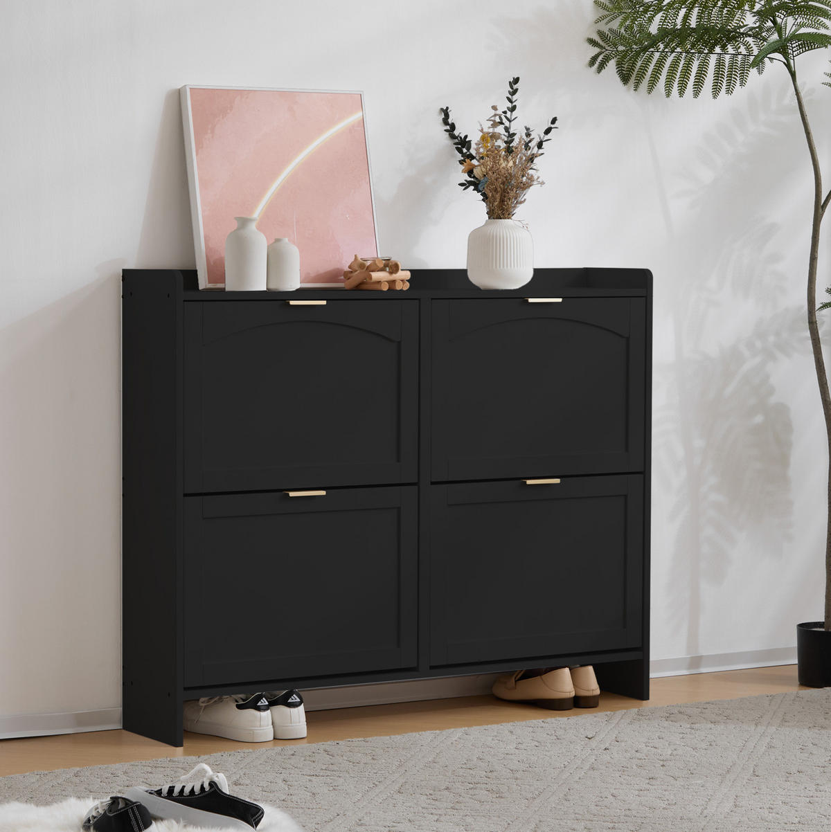 SCHUHSCHRANK 110/24/90 cm in Schwarz mit 4 Klappenfächern und offenen Ablagen - Schwarz, Holzwerkstoff (110/90/24cm) - Flora Grace