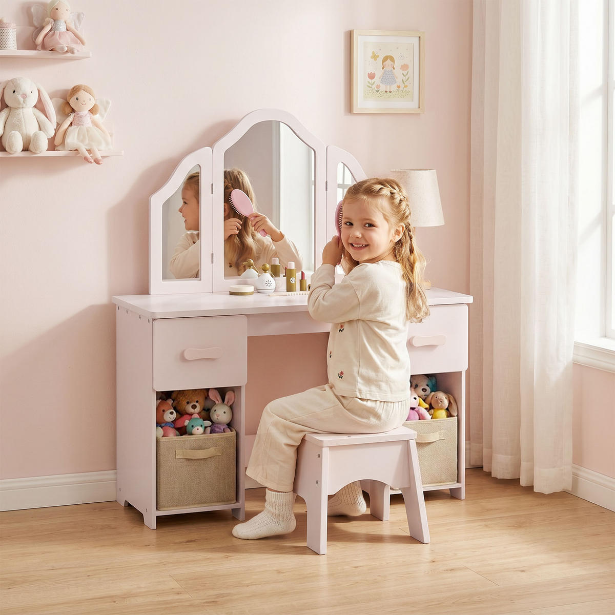 KINDERSCHMINKTISCH-SET MDF Acryl Rosa - Rosa/Naturfarben, Holzwerkstoff (33/90.7/79.5cm) - AIYAPLAY