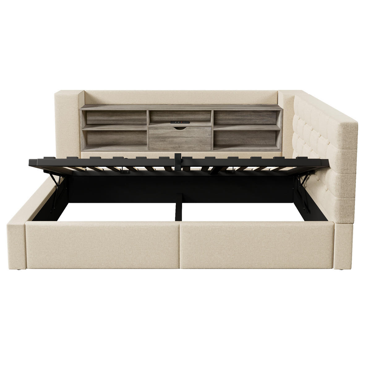 POLSTERBETT 90/200 cm Beige aus Leinen mit LED und Stauraum - Beige, Textil (90/200cm) - OKWISH