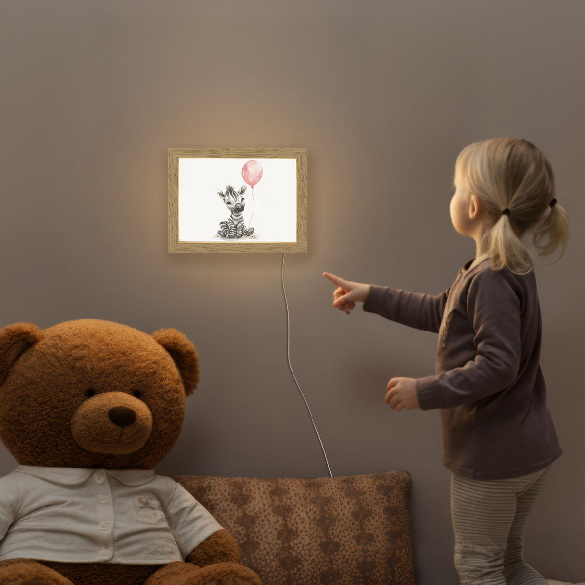 NACHTTISCHLAMPE Zebra - Baby - Tiere - Rosa Luftballon 20x15 cm - Weiß, Holzwerkstoff (8/20/15cm)