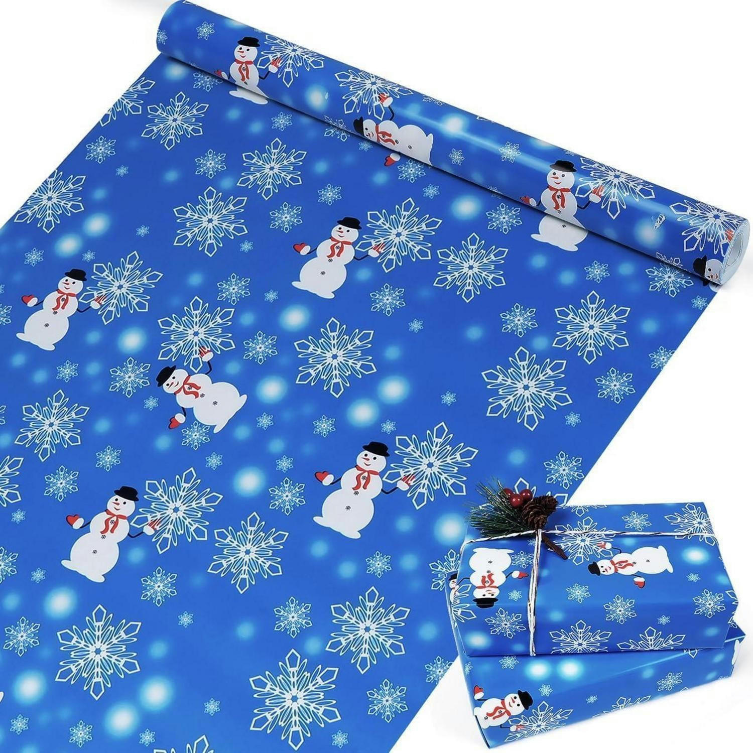 GESCHENKPAPIER Rolle Blau Schneemann Schneeflocke 43 cm x 15 m - Blau, Papier (43/0.1/1500cm)