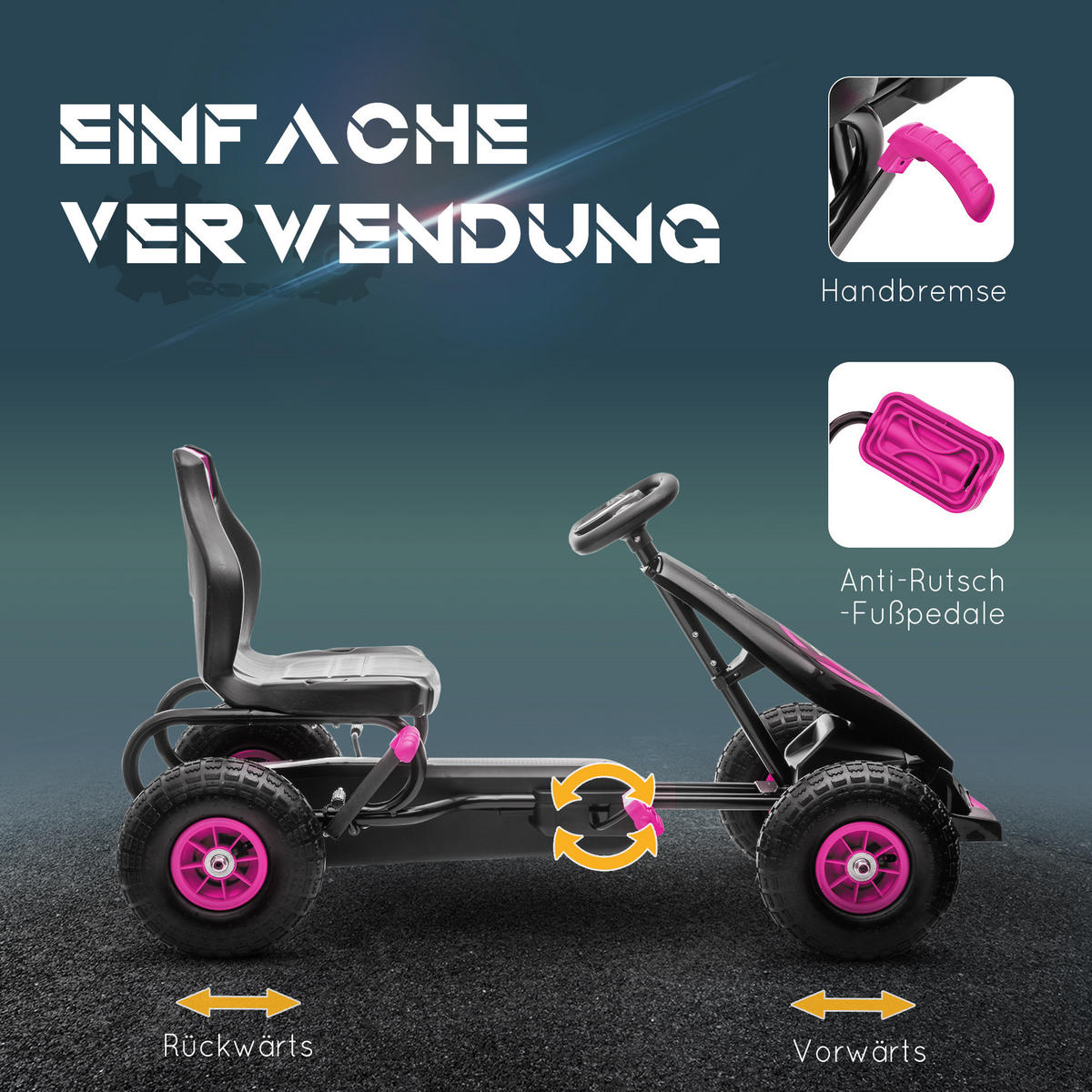 KINDER-GOKART, mit Pedalen, verstellbarem Sitz, ab 5 Jahren - Schwarz/Rosa, Kunststoff/Metall (121/58/61cm) - HOMCOM