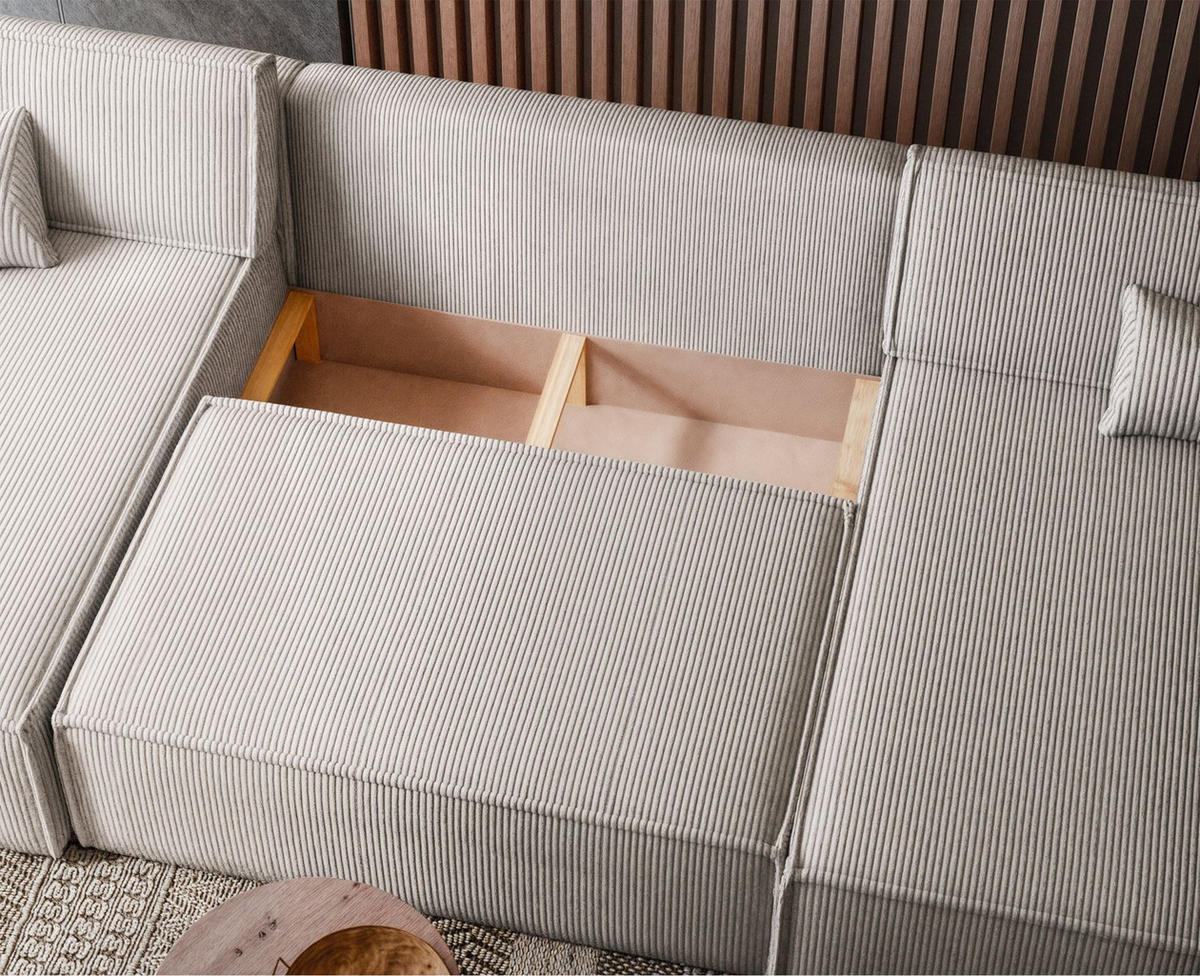 WOHNLANDSCHAFT Scarlo Hellbeige Cordbezug - Ecru/Schwarz, Kunststoff/Textil (244/83/145cm) - Selsey