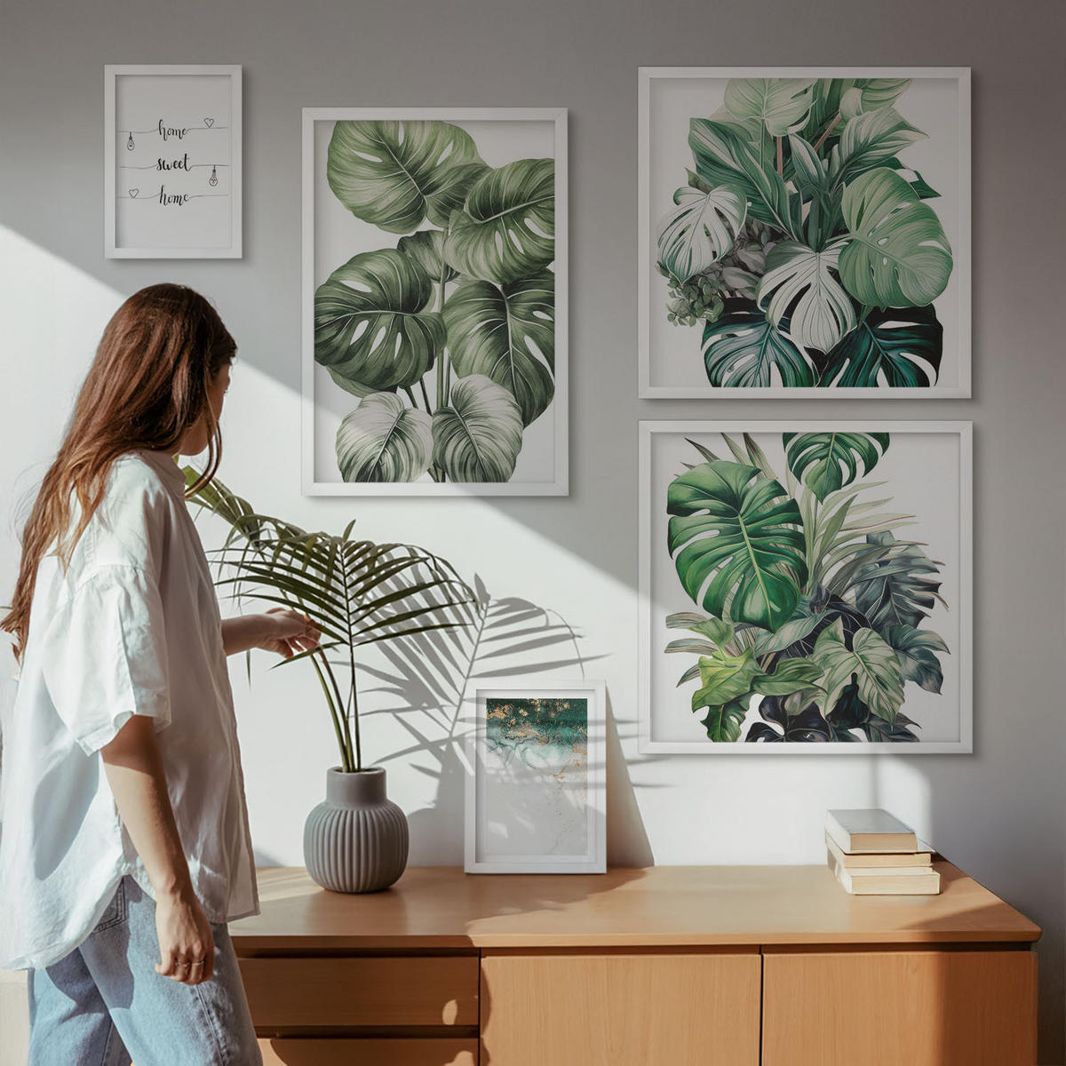 WANDBILDER 5er-Set - 50x50 cm & 20x30 cm & 40x60 cm Weißer Rahmen - Aquarell-Monstera-Blätter - Weiß, Kunststoff (40/60cm) - ArtPrintCave