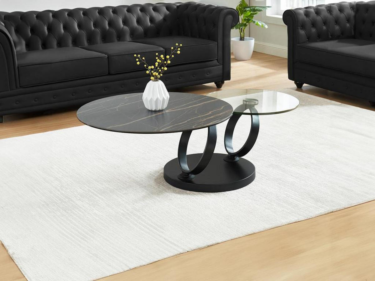 COUCHTISCH mit drehbaren Tischplatten - Keramik & Glas - Schwarz mit Marmor-Effekt - JOLINE - Schwarz, Stein (131.5/80/42cm) - Vente-Unique