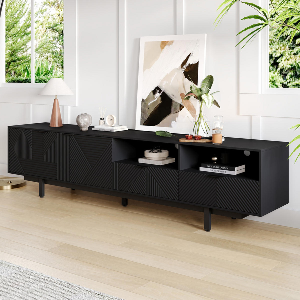 TV-SCHRANK 200x40cm Modern abstrakte Linien Stauraum Schwarz bis 90 Zoll - Schwarz, Holz (52.07/12.19/115.06cm) - FLIEKS