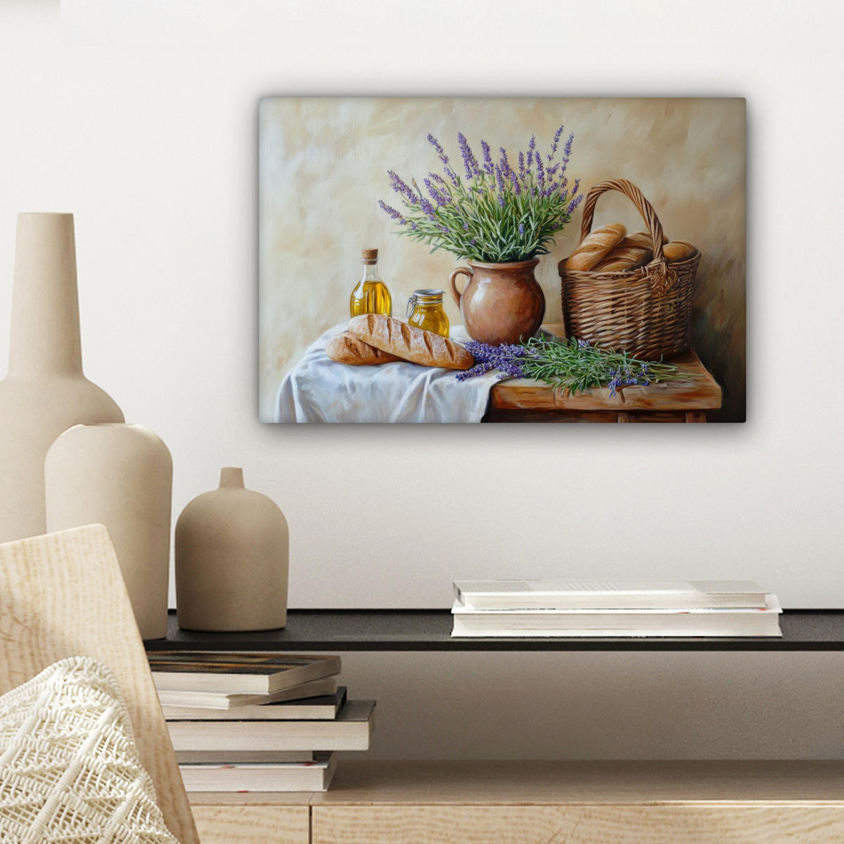 LEINWANDBILD Lavendel - Brot - Stilleben 30x20 cm - Flieder, Textil (30/20cm) - MuchoWow