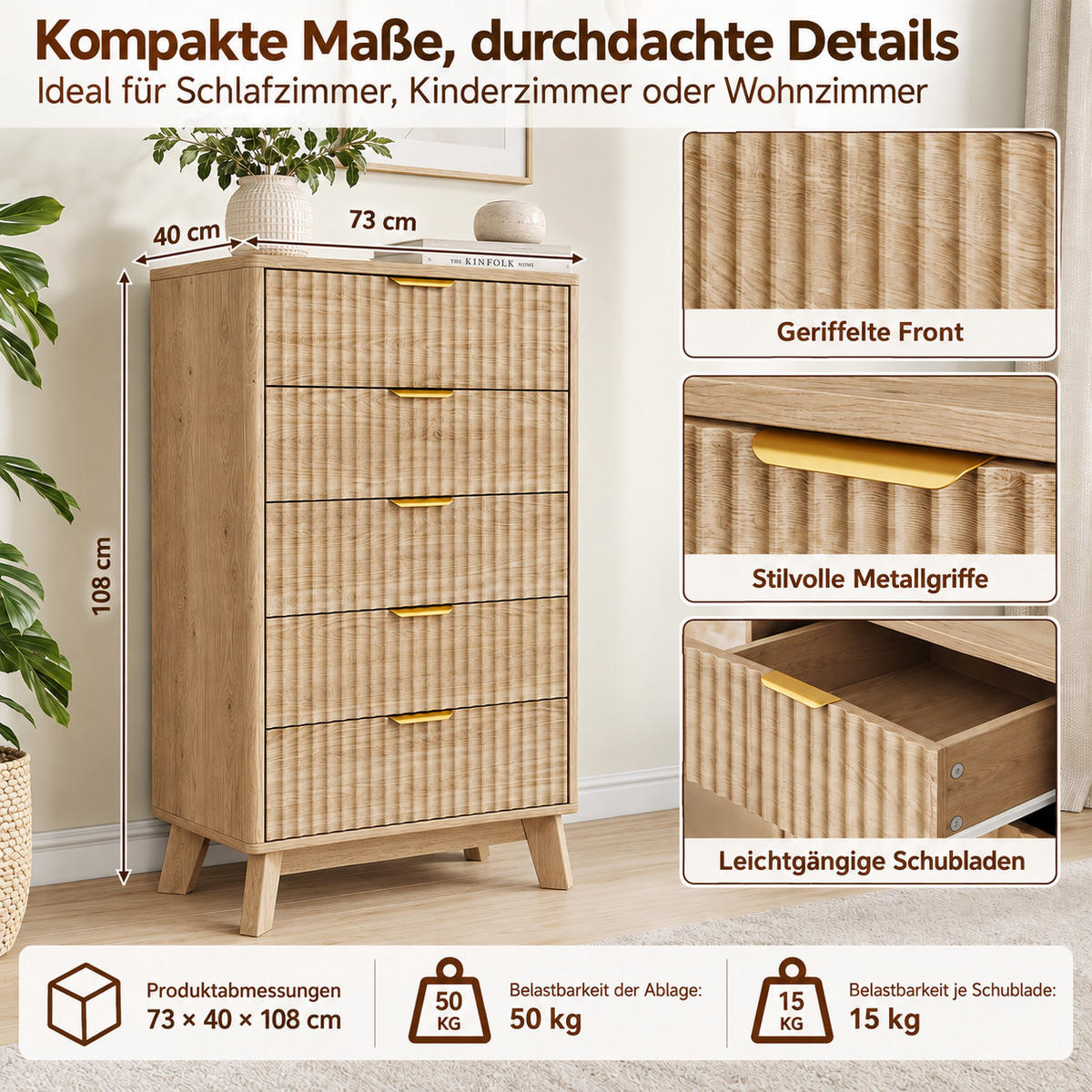 KOMMODE mit vertikaler Rillenfront, 5 Schubladen Stauraum, Eiche hell, 40/73/108cm - Eichefarben, Holz (73/108/40cm) - Joyfair