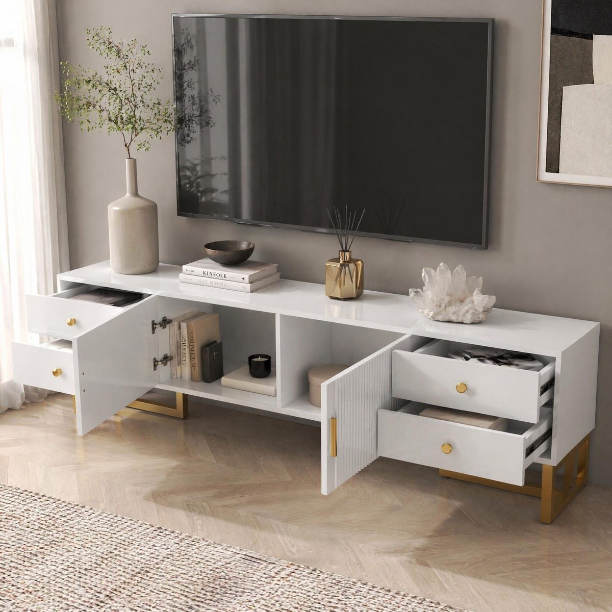 TV STOLEK bílý se strukturovanými dvířky, zásuvkami, zlatými úchyty a nohami, 175×30×46 cm - bílá/zlatá, kov/kompozitní dřevo (175/46/30cm) - STILVORA