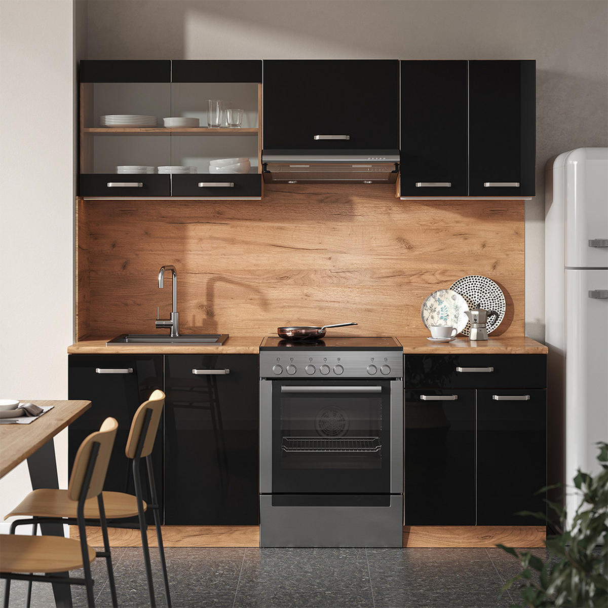 KÜCHE R-Line Schwarz Hochglanz/Goldkraft Eiche 200 cm ohne AP - Honigeiche/Schwarz Hochglanz, Holzwerkstoff (200/81.6/46cm) - Vicco